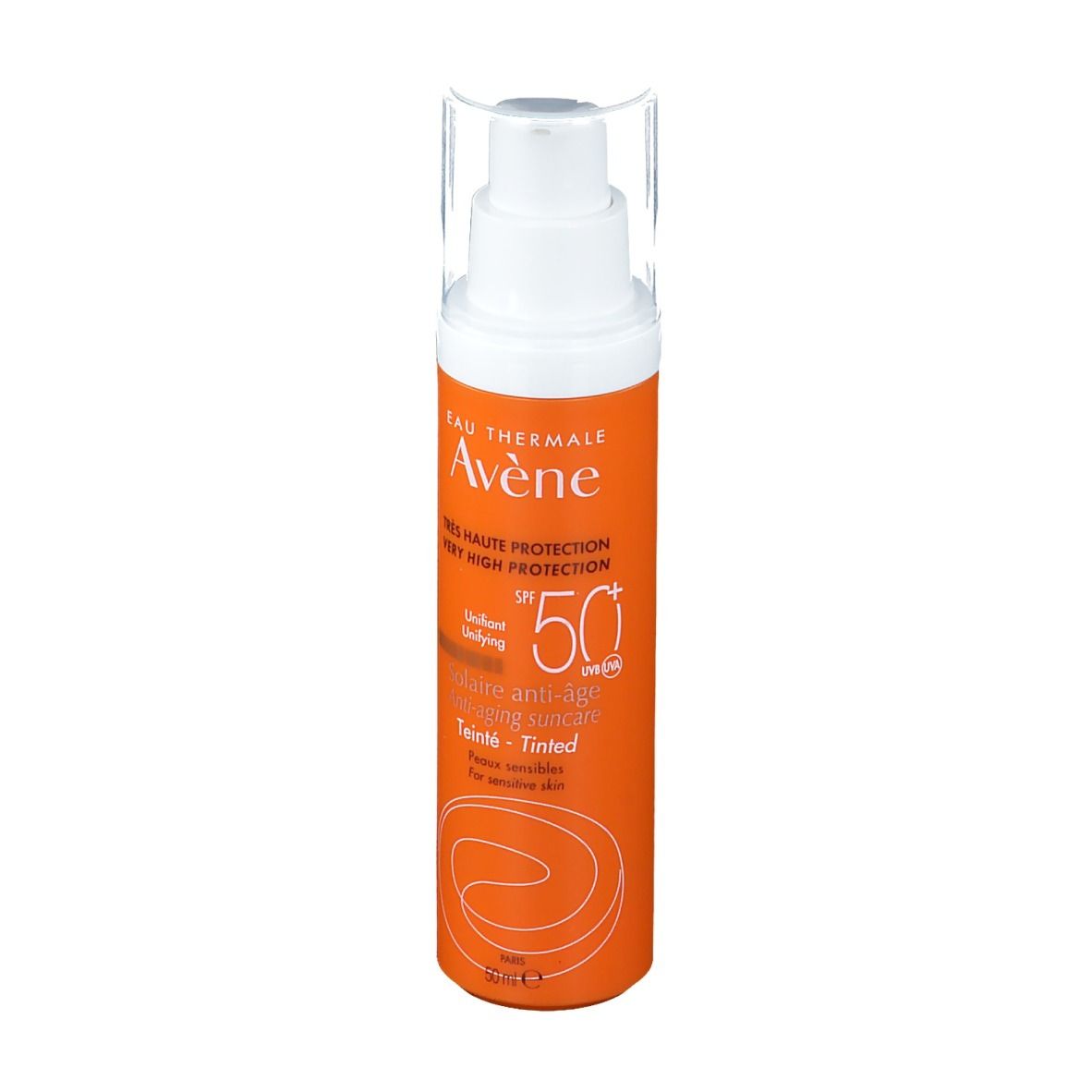 Avene Solaire Anti-Age getönt LSF 50+ Flasche. Orange-weiß, mit Dosierkopf. Text: Très haute protection, SPF 50+, Teinté - Tinted.
