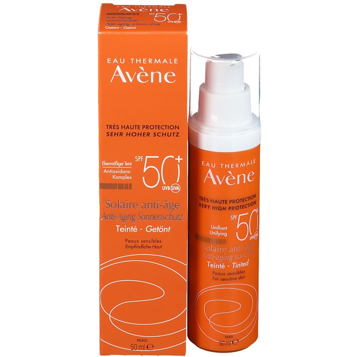 Avene Solaire Anti-Age getönt LSF 50+ Flasche und Verpackung. Orange, weiß. Text: Très haute protection, SPF 50+, Teinté - Getönt.