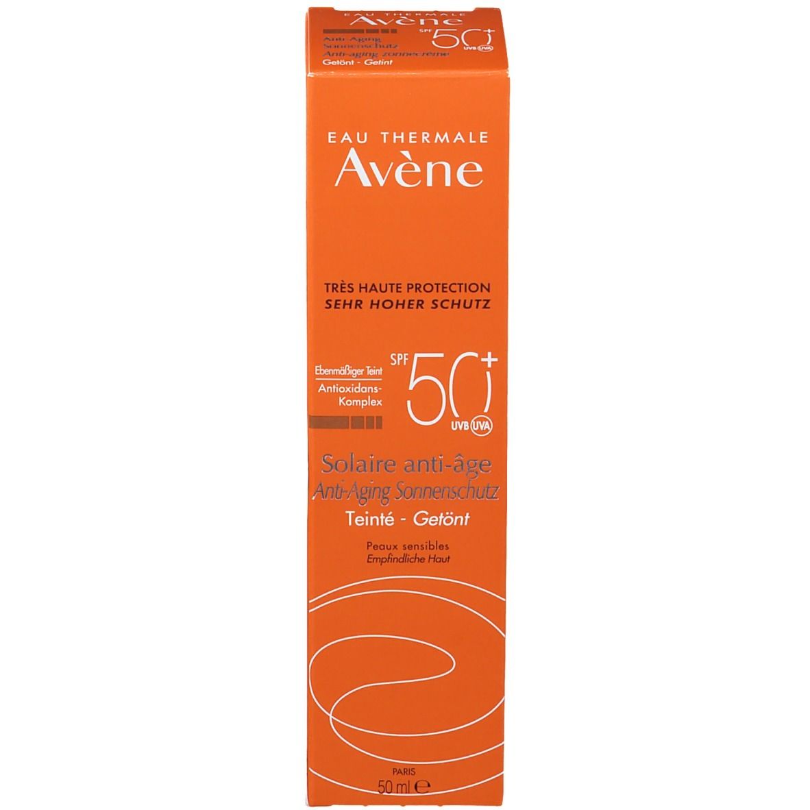 Avene Solaire Anti-Age getönt LSF 50+ Verpackung. Orange, weiß. Text: Très haute protection, SPF 50+, Teinté - Getönt.