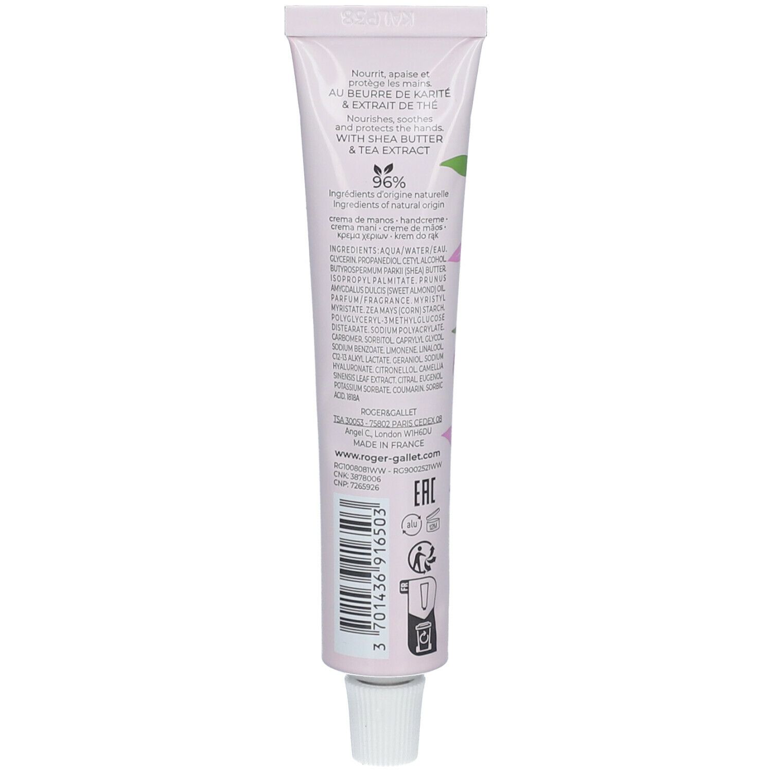 Rückseite der Tube. Text: Nährt, repariert, mit Sheabutter & Tee-Extrakt. Inhaltsstoffe. Logo: 96%. Weiße Verschlusskappe. Barcode.