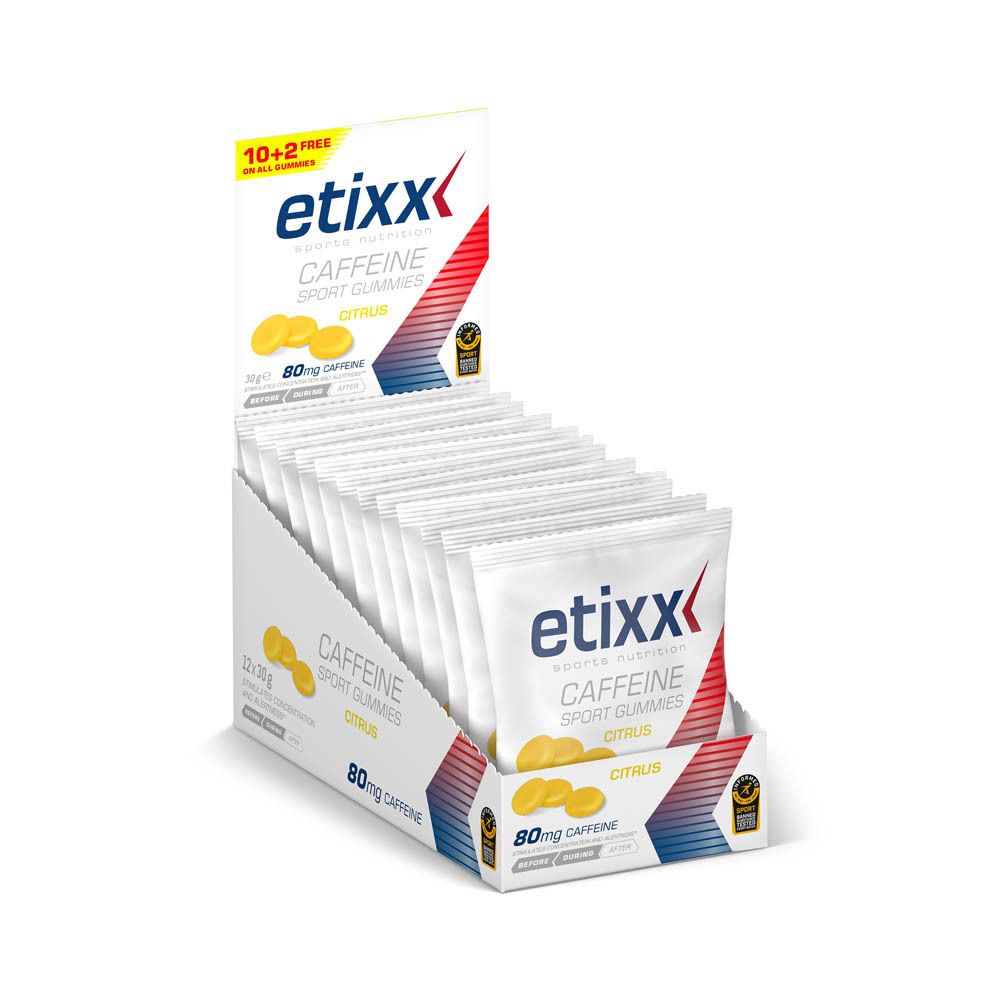 Etixx Caffeine Sport Gummies. Displaydoos met productverpakkingen. 10+2 gratis. 80mg cafeïne, citrus.