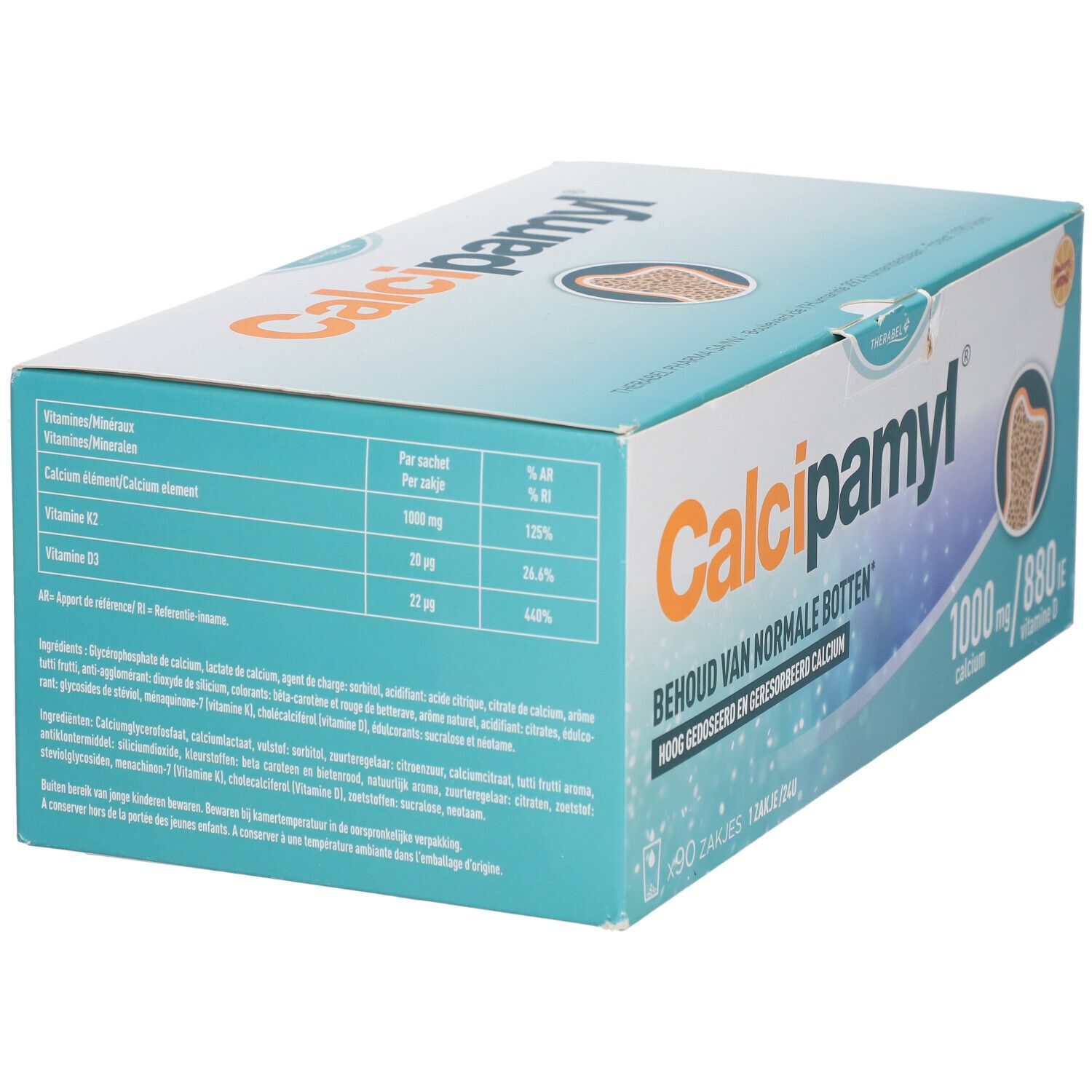 Kartonverpackung von Calcipamyl®. Enthält 90 Beutel. Aufdruck: 1000 mg Calcium, 880 IE Vitamin D. Nährwerttabelle.