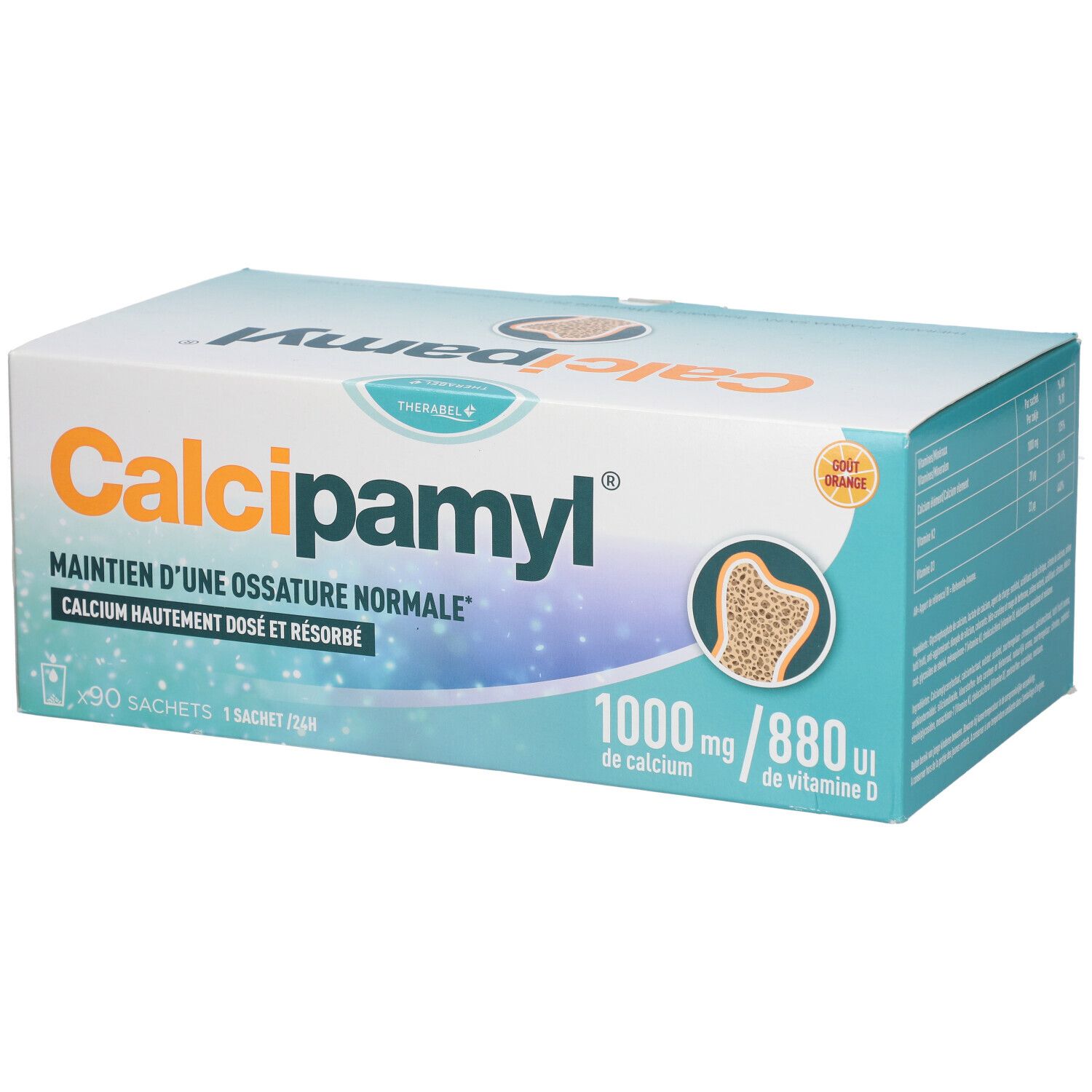 Kartonverpackung von Calcipamyl®. Enthält 90 Beutel. Aufdruck: 1000 mg Calcium, 880 UI Vitamin D. Abbildung eines Knochens.