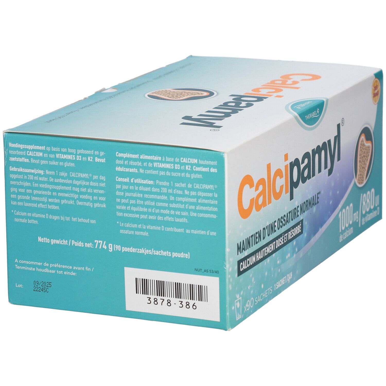 Kartonverpackung von Calcipamyl®. Enthält 90 Beutel. Aufdruck: 1000 mg Calcium, 880 UI Vitamin D. Text und Barcode.