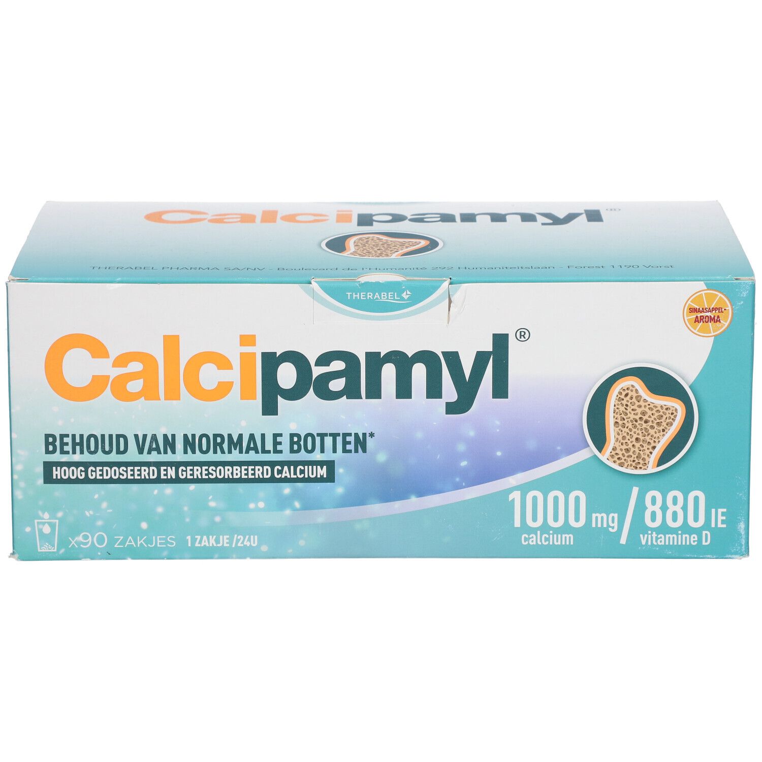 Kartonverpackung von Calcipamyl®. Enthält 90 Beutel. Aufdruck: 1000 mg Calcium, 880 IE Vitamin D. Abbildung eines Knochens.