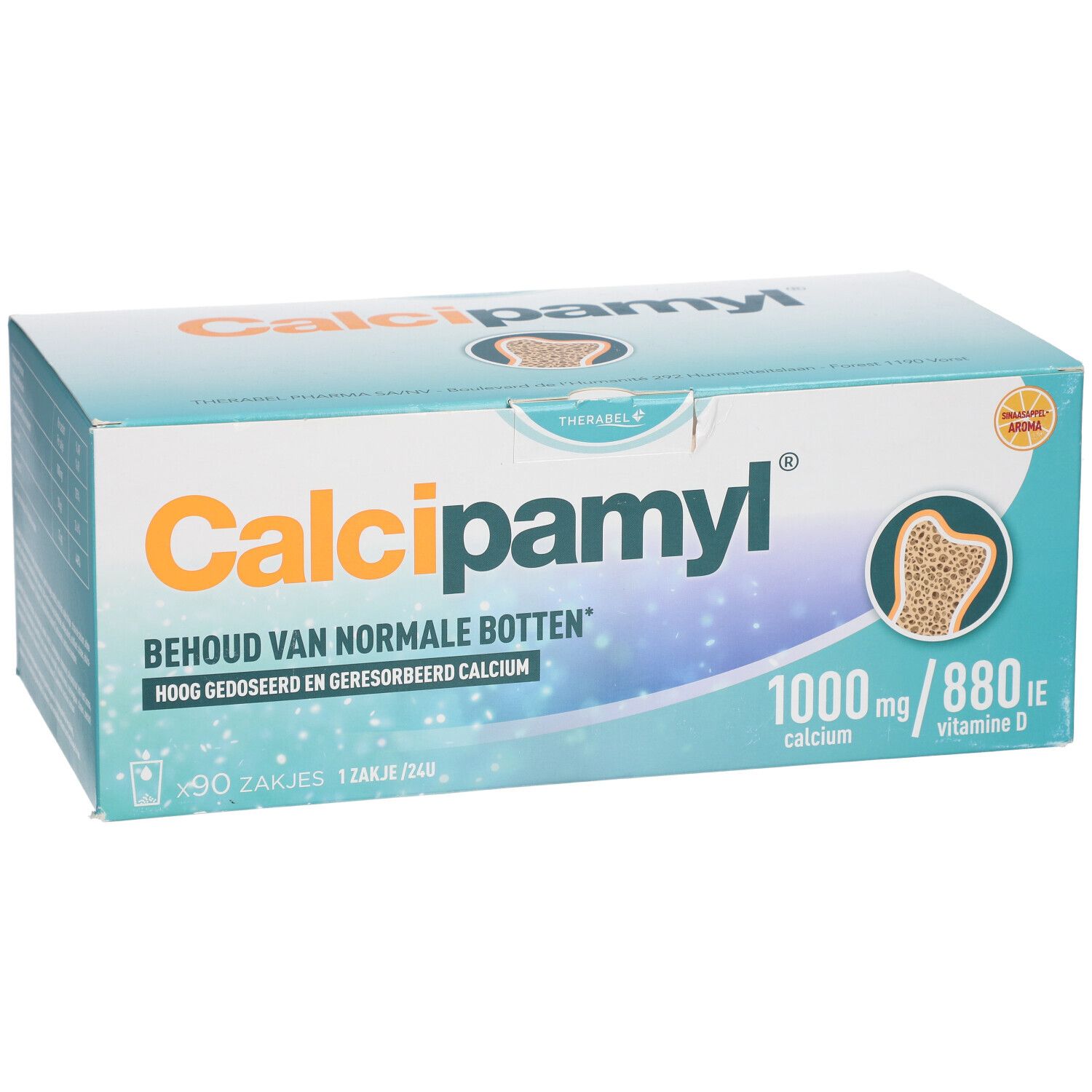 Kartonverpackung von Calcipamyl®. Enthält 90 Beutel. Aufdruck: 1000 mg Calcium, 880 IE Vitamin D. Abbildung eines Knochens.