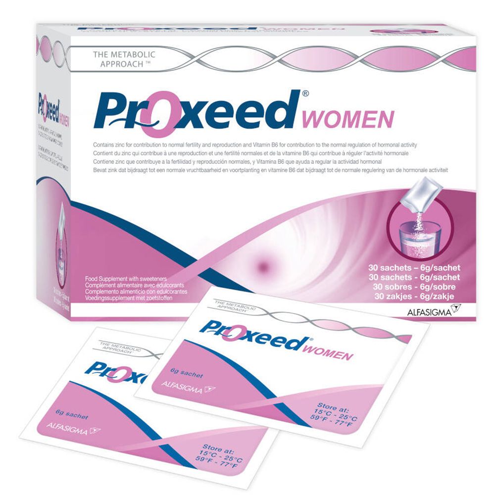 Boîte de Proxeed Women. Contient 30 sachets. Boîte rose et blanche avec nom et logo du produit.