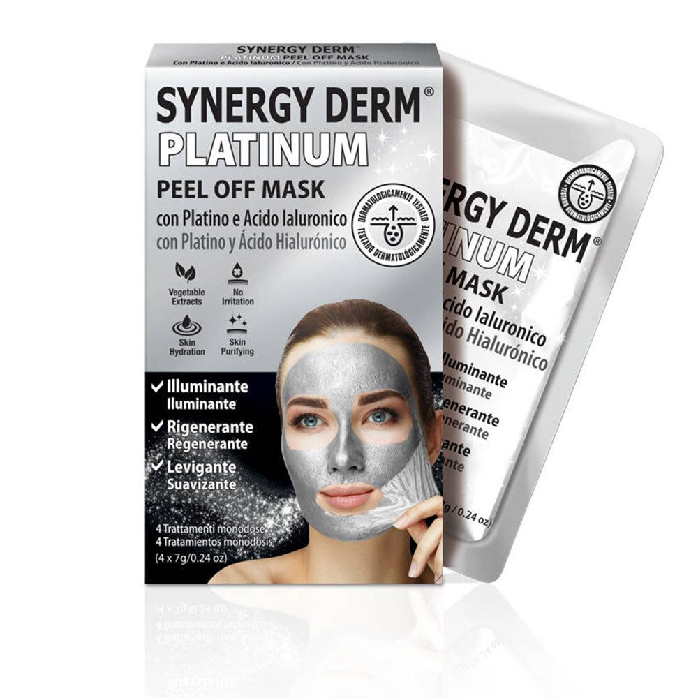 Boîte Synergie Derm Platinum Peel Off Mask. Femme avec masque. Masque individuel en sachet.