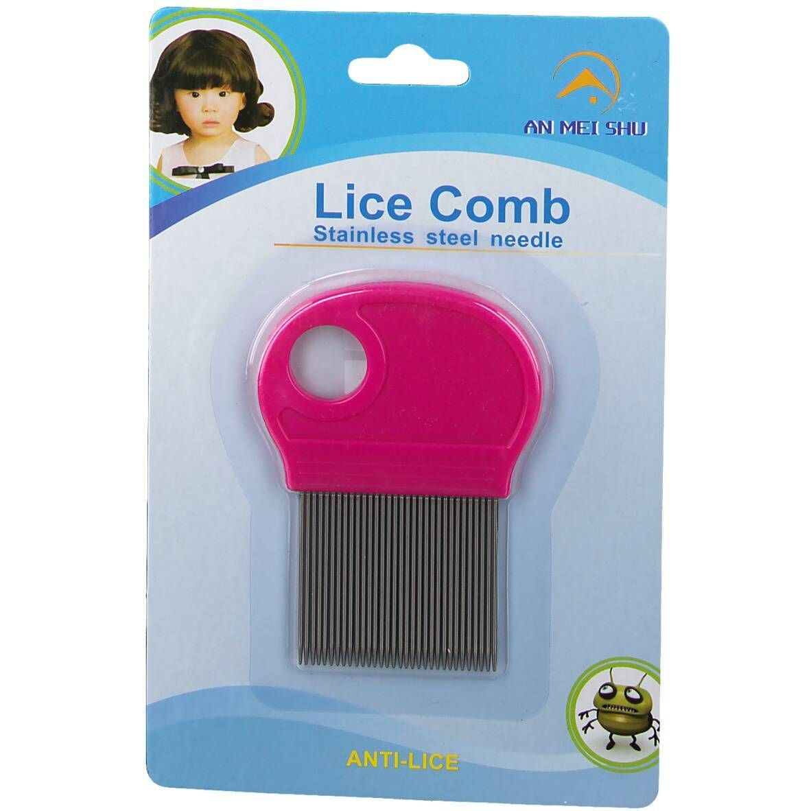 Peigne à poux rose avec dents fines en métal, emballé. Inscription : "Lice Comb, Stainless steel needle".