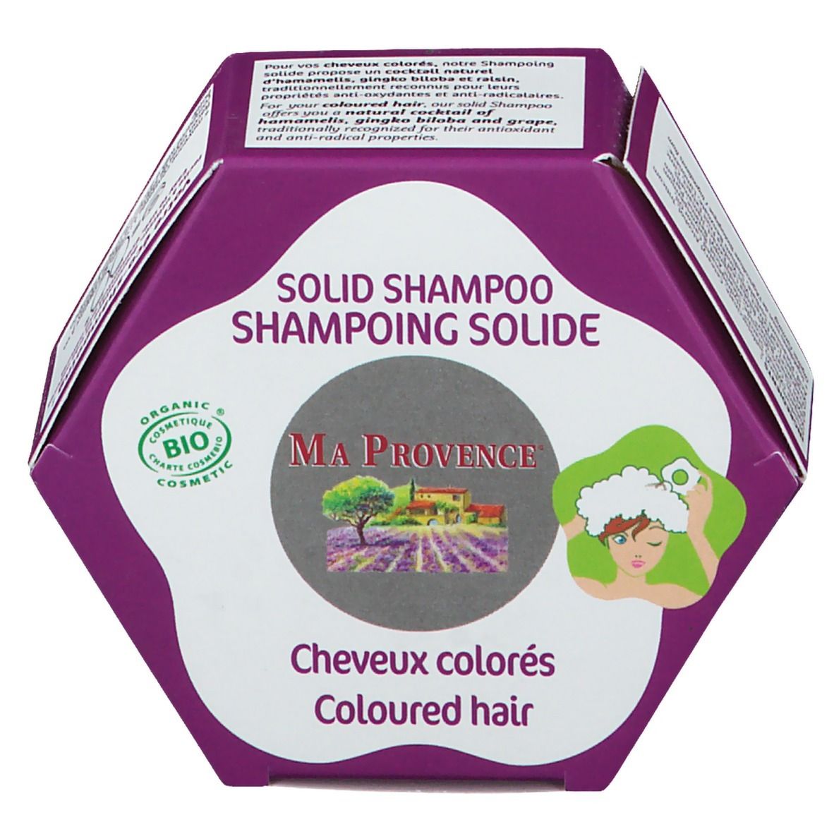 Emballage hexagonal avec nom et logo du produit. Texte : « Cheveux colorés/Coloured hair ». Certification bio.
