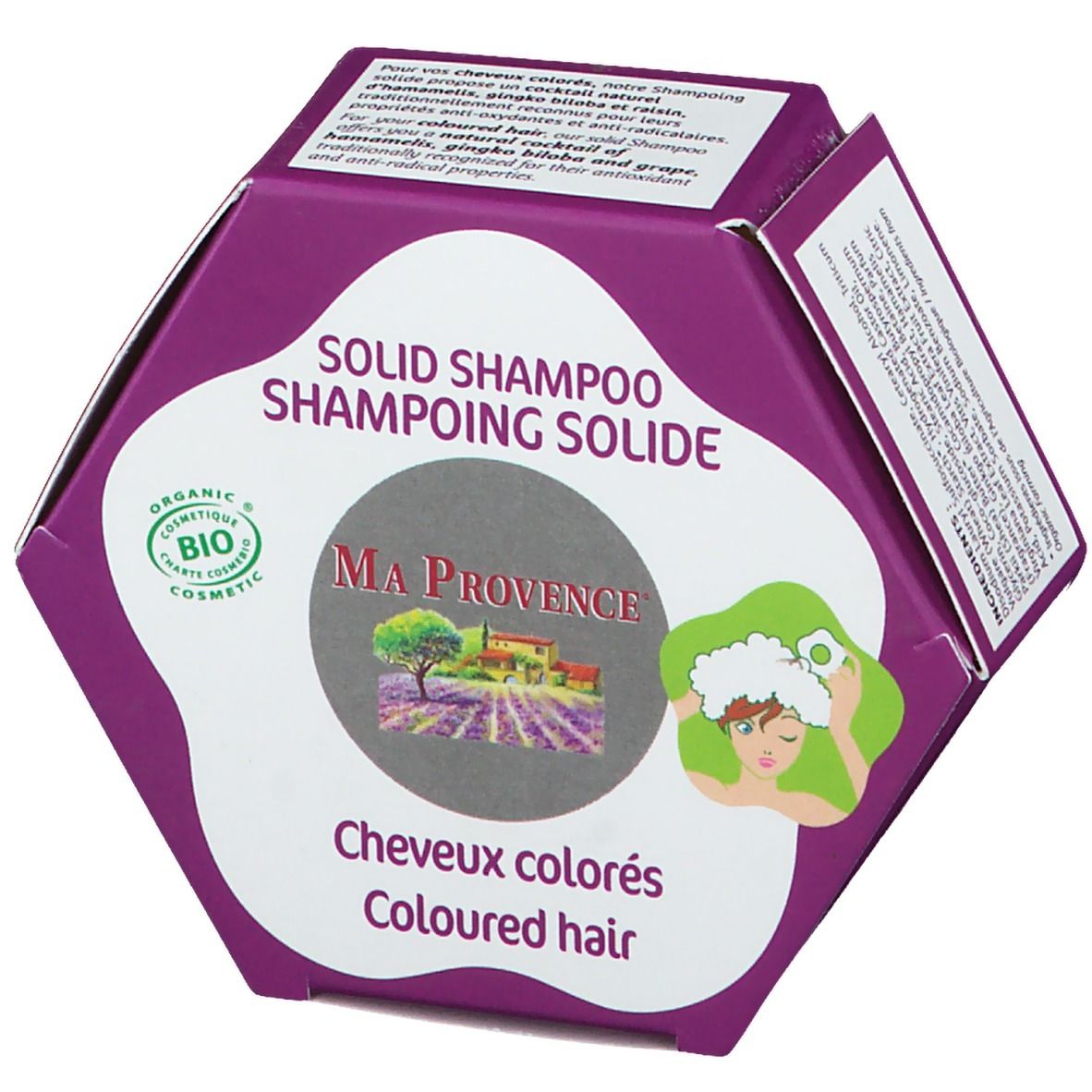 Emballage hexagonal avec nom et logo du produit. Texte : « Cheveux colorés/Coloured hair ». Certification bio.