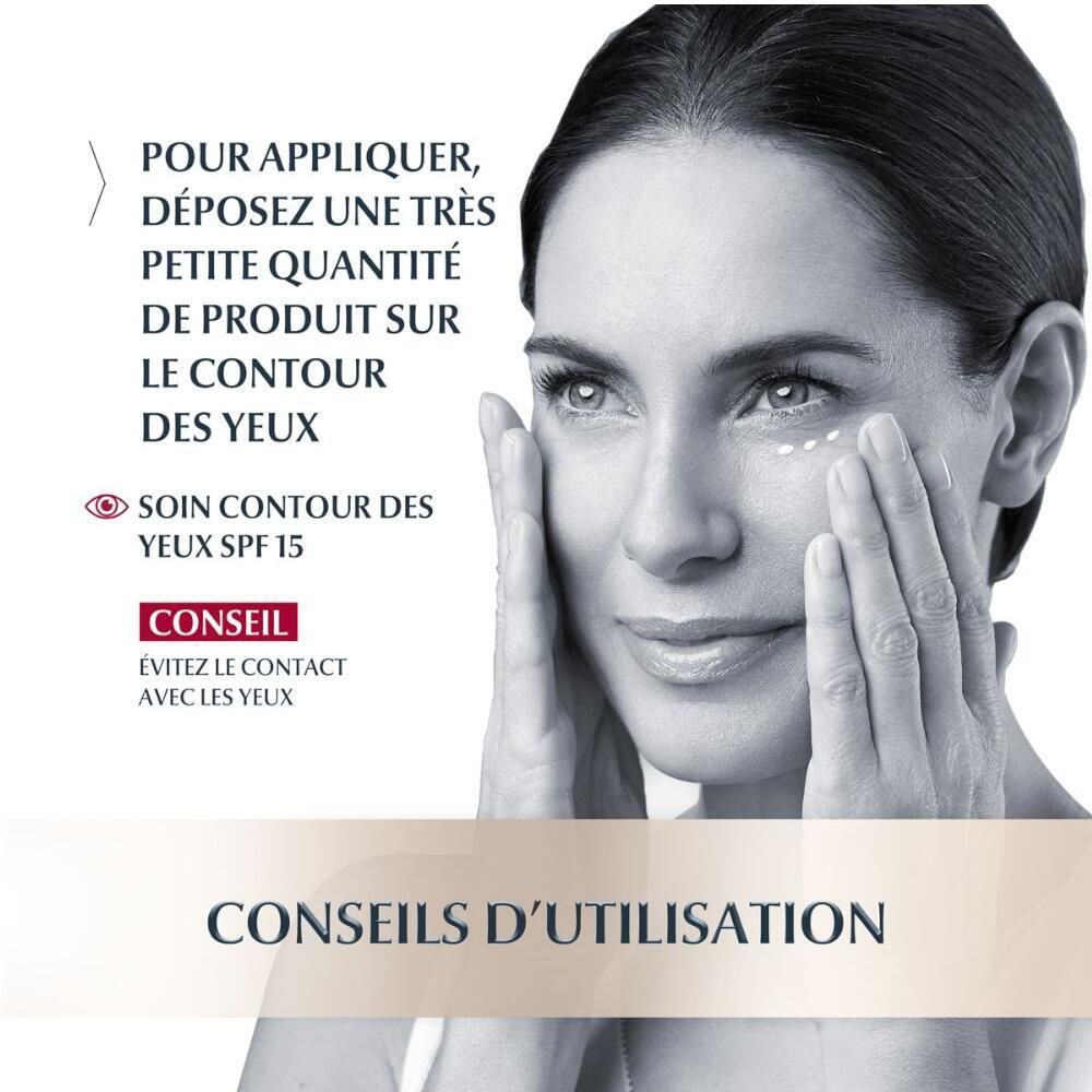 Femme appliquant crème sur le contour des yeux. Texte: Soin Contour des Yeux SPF 15. Conseils d'utilisation.
