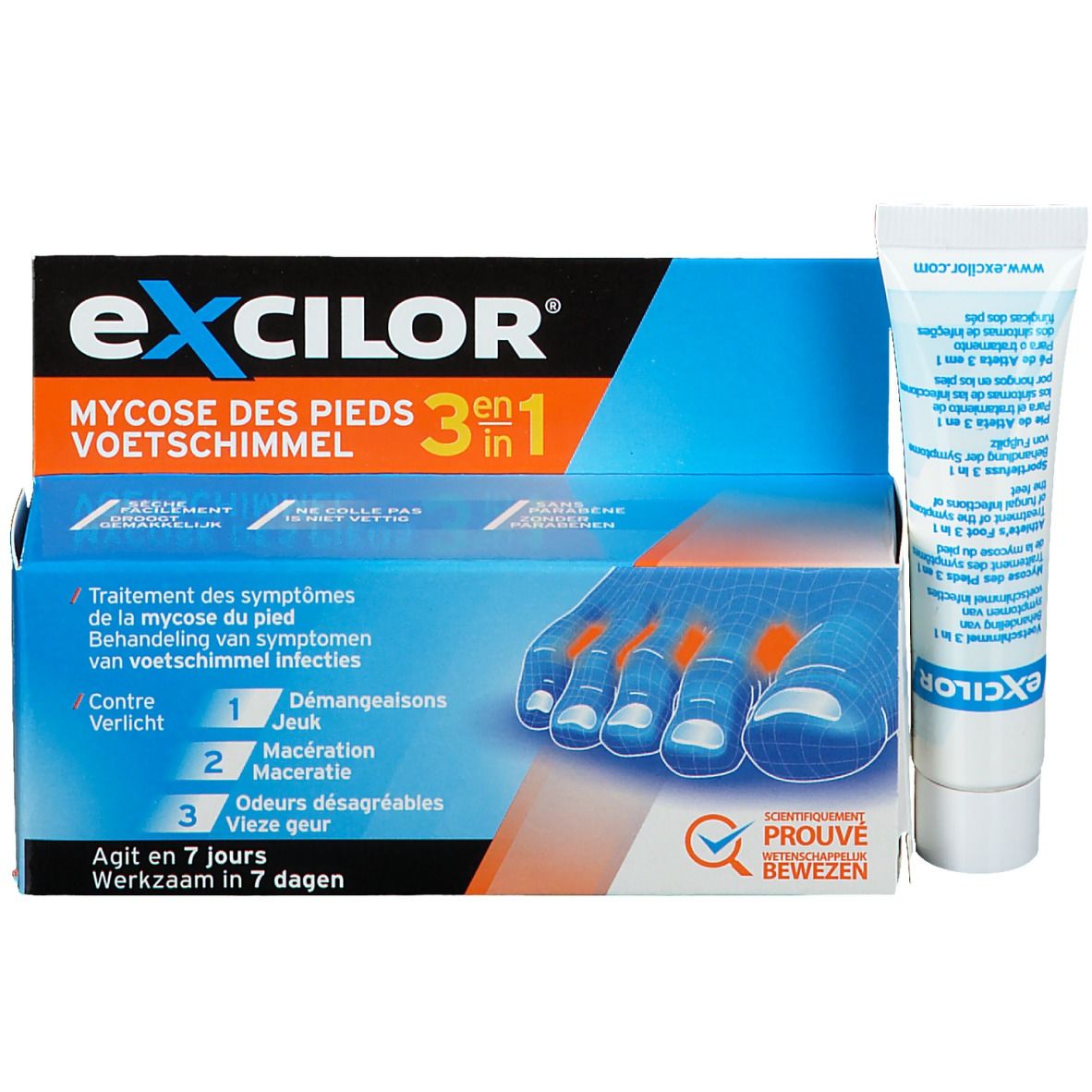 Emballage et tube Excilor® Mycose des Pieds 3 en 1. Contient des informations sur le produit et le nom de la marque Excilor®.