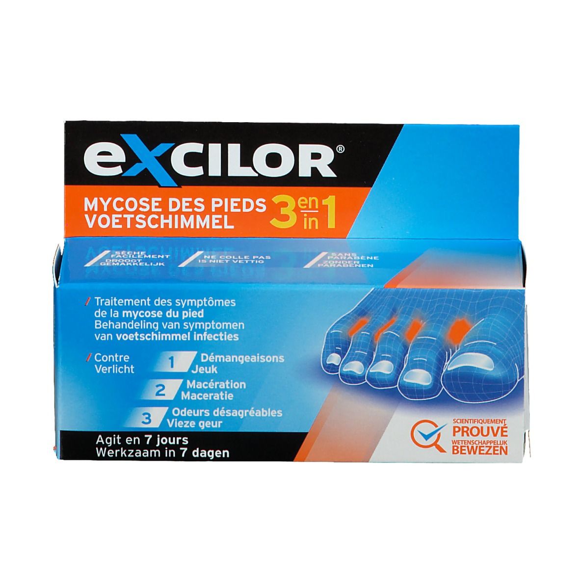 Emballage Excilor® Mycose des Pieds 3 en 1. Contient des informations sur le produit et le nom de la marque Excilor®.