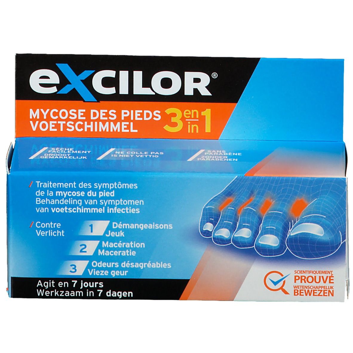 Emballage Excilor® Mycose des Pieds 3 en 1. Contient des informations sur le produit et le nom de la marque Excilor®.