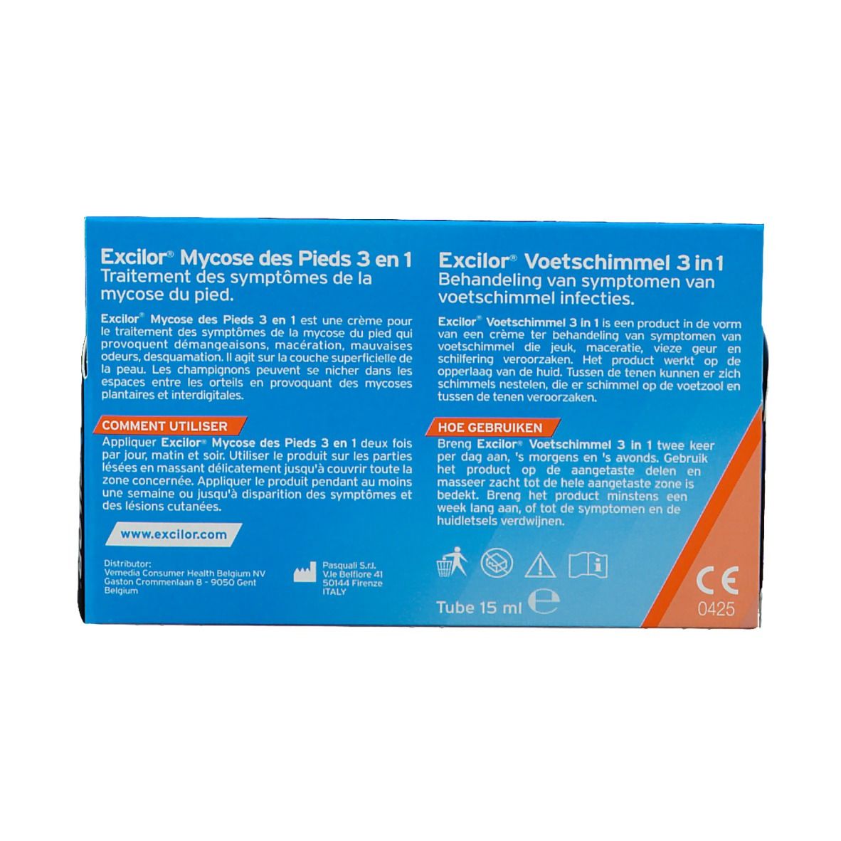 Dos du tube Excilor® Mycose des Pieds 3 en 1. Contient des informations sur le produit et des instructions d'utilisation.