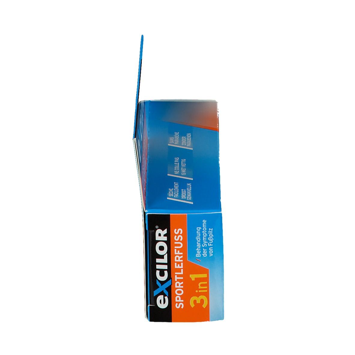 Vue latérale de l'emballage Excilor® Mycose des Pieds 3 en 1. Contient des informations sur le produit et le nom de la marque Excilor®.