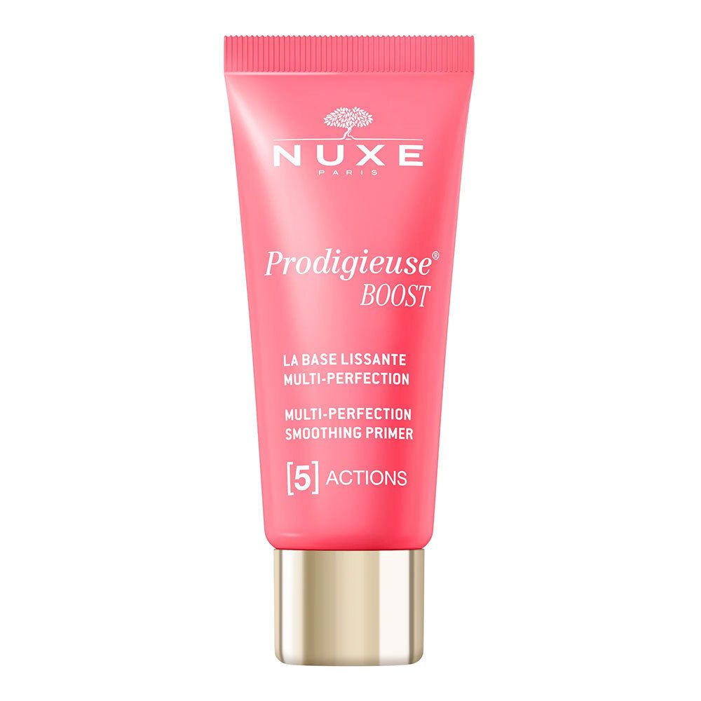 Rosa Tube mit goldfarbenem Verschluss. Aufschrift: NUXE, Prodigieuse Boost, Multi-Perfektion Smoothing Primer, 5 Actions.