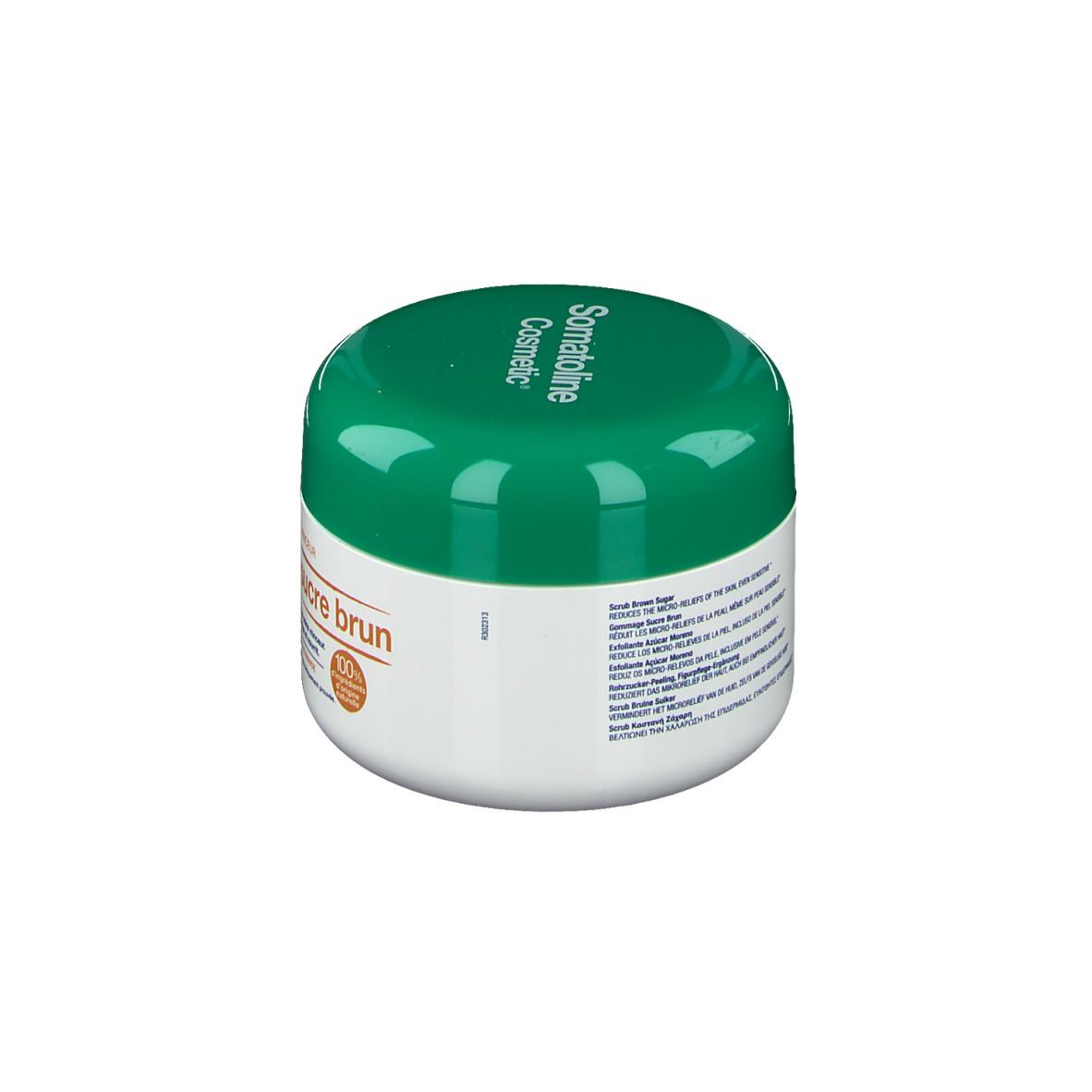 Pot blanc et couvercle vert. Inscription: Somatoline Cosmetic. Texte au dos.