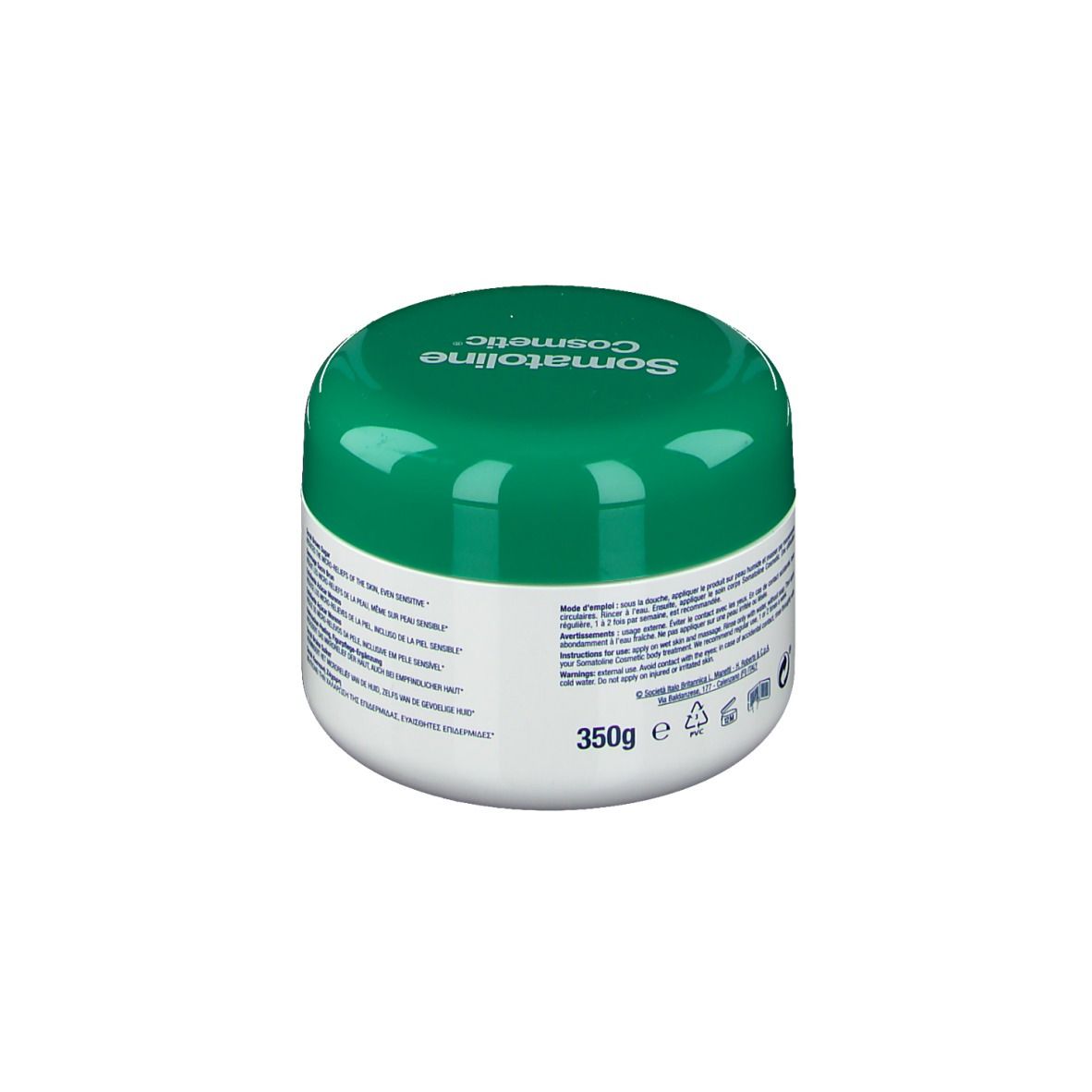 Pot blanc et couvercle vert. Inscription: Somatoline Cosmetic. Texte au dos et 350g.