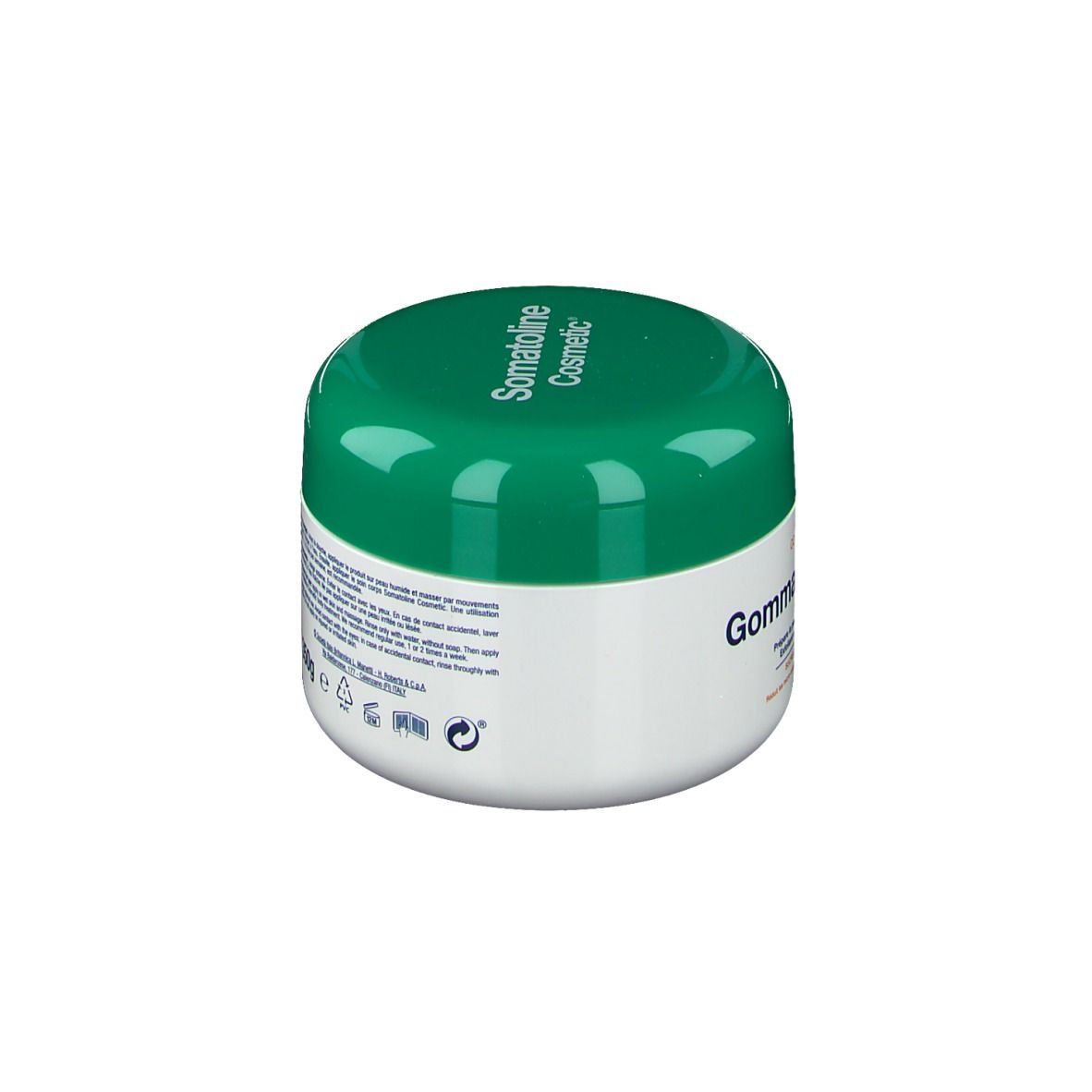 Pot blanc et couvercle vert. Inscription: Somatoline Cosmetic. Texte au dos.