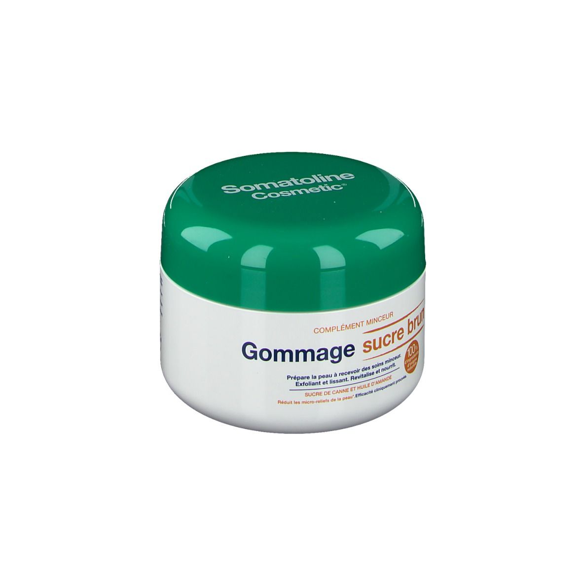 Pot blanc et couvercle vert. Inscription: Somatoline Cosmetic, Gommage sucre brun.