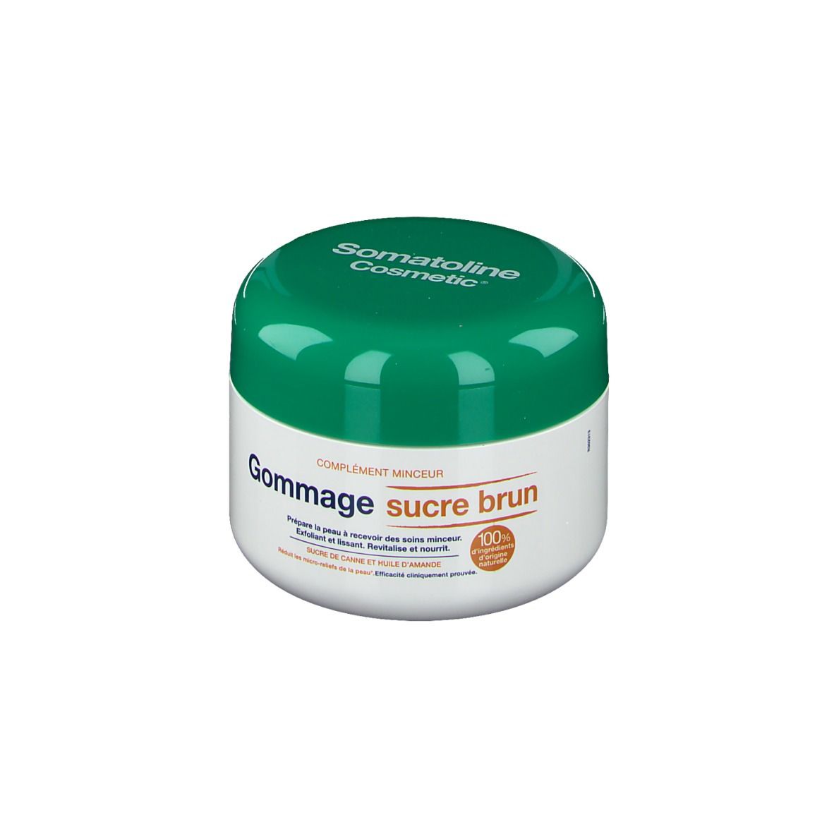 Pot blanc et couvercle vert. Inscription: Somatoline Cosmetic, Gommage sucre brun. 100% ingrédients.