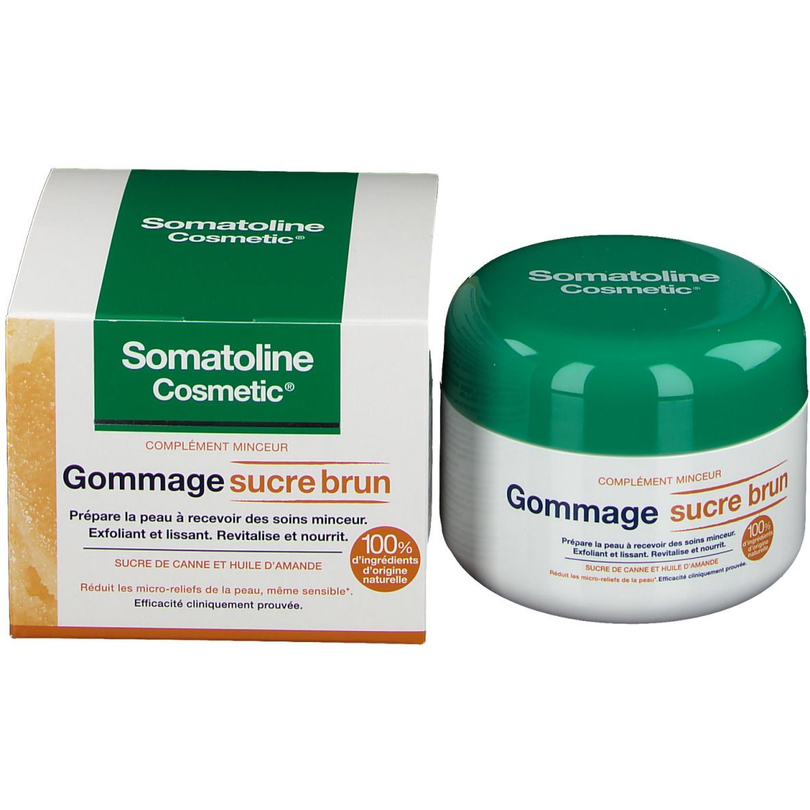 Emballage et pot. Inscription: Somatoline Cosmetic, Gommage sucre brun. 100% ingrédients d'origine naturelle.