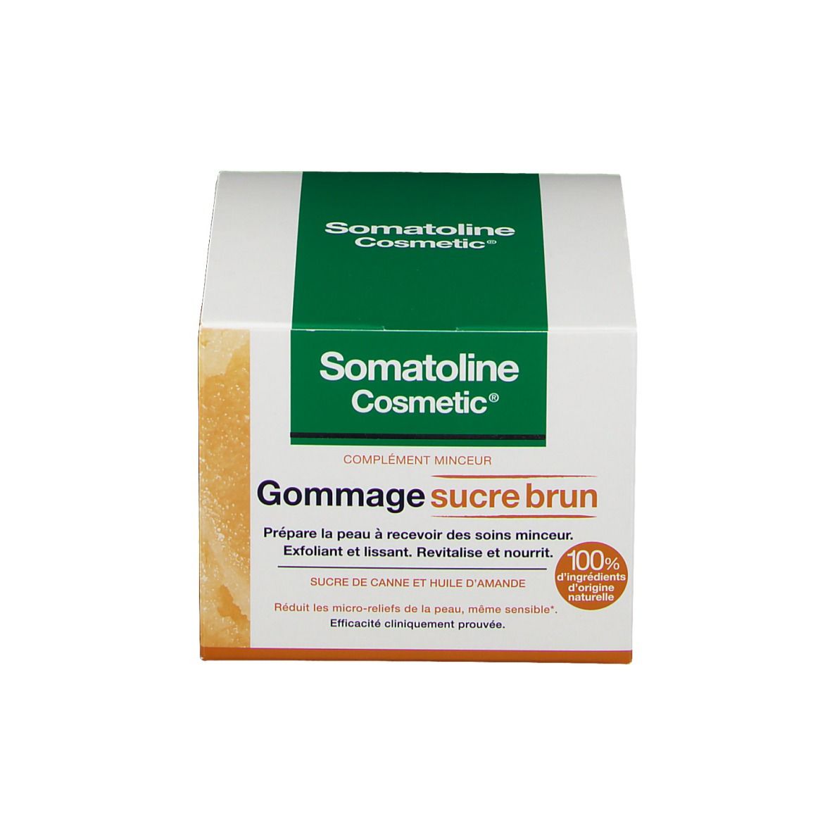 Emballage. Inscription: Somatoline Cosmetic, Gommage sucre brun. 100% ingrédients d'origine naturelle.