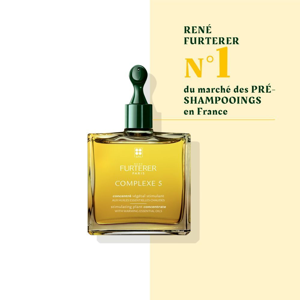 Flacon carré, bouchon vert. Inscription: FURTERER, COMPLEXE 5. Liquide jaune visible.