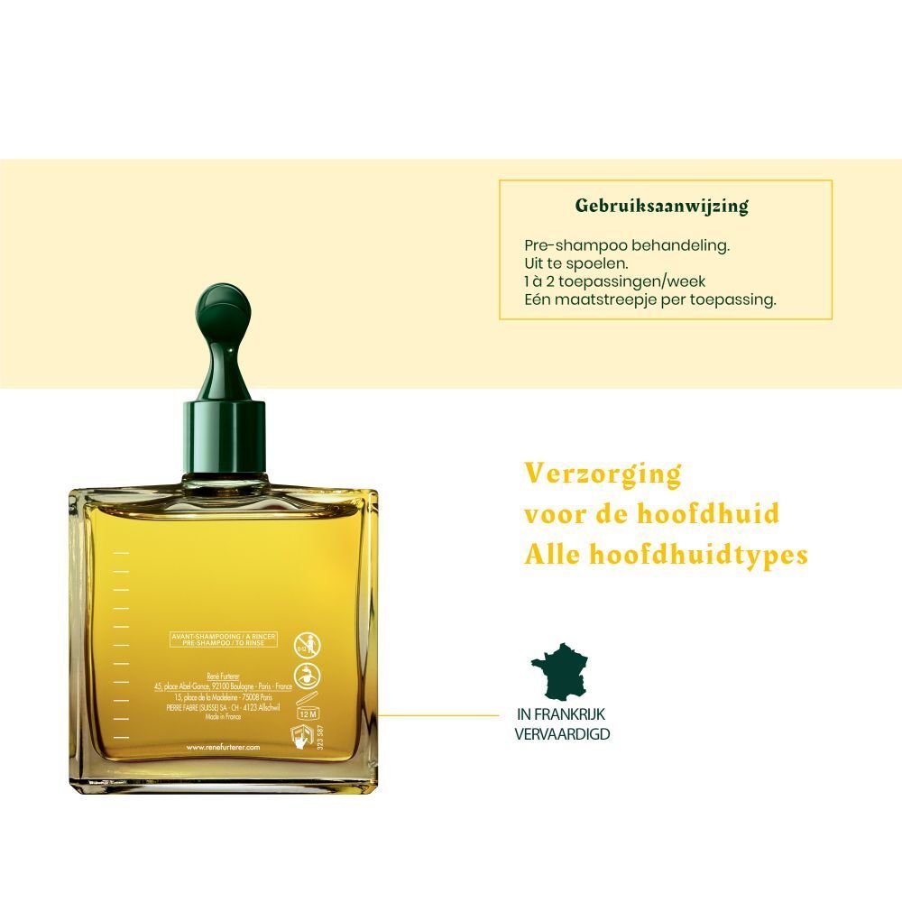 Vierkante fles, groene dop. Opschrift: FURTERER, COMPLEXE 5. Gele vloeistof zichtbaar.