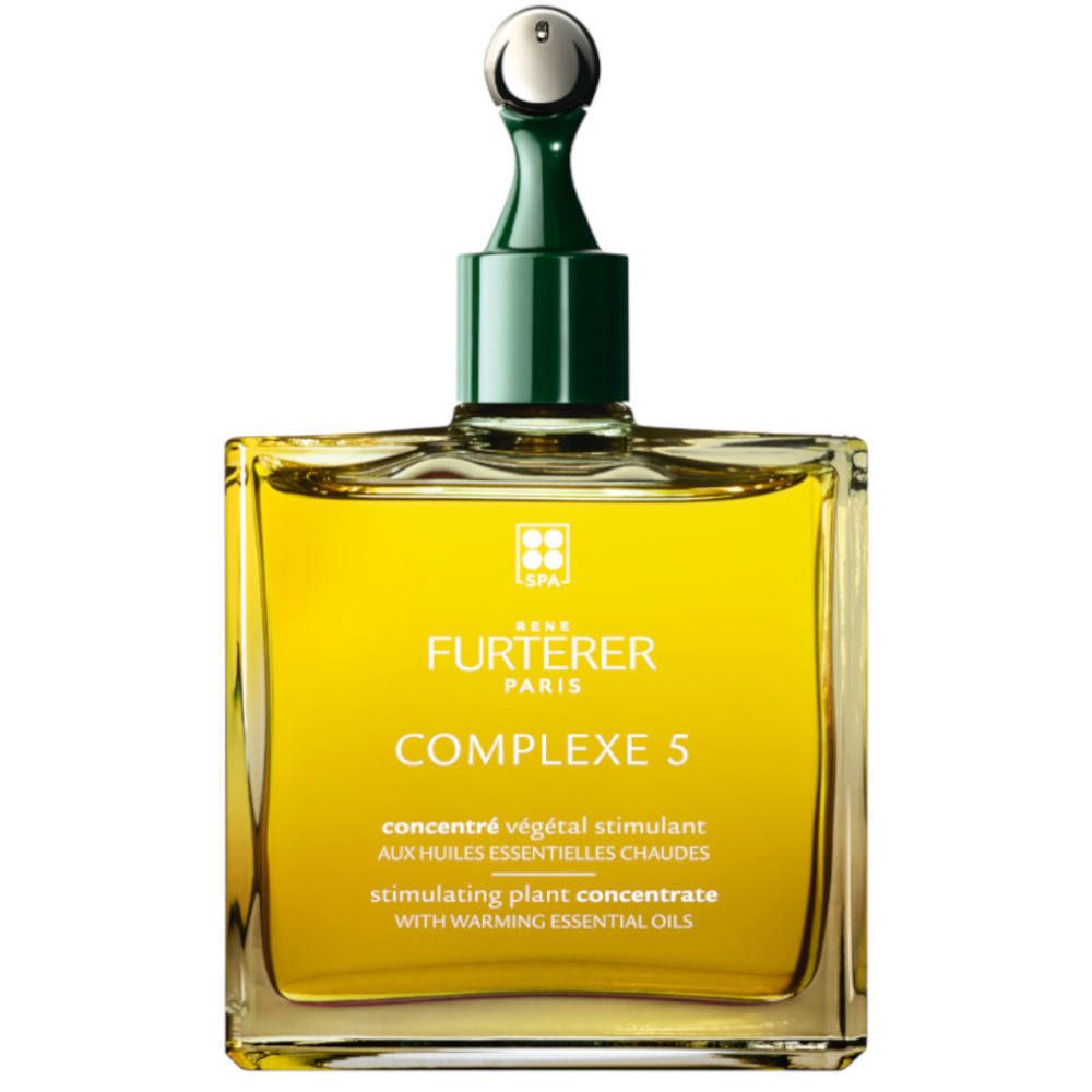 Flacon carré, bouchon vert. Inscription: FURTERER, COMPLEXE 5. Liquide jaune visible.