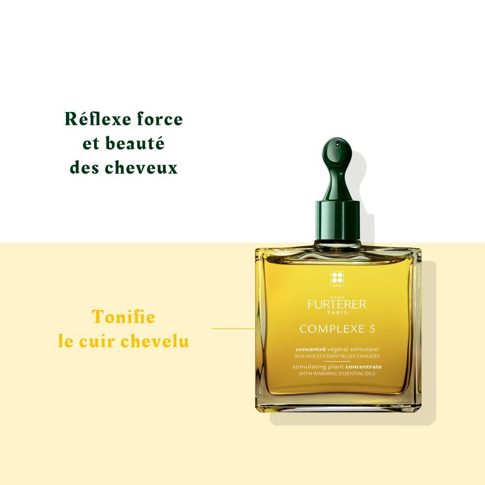 Flacon carré, bouchon vert. Inscription: FURTERER, COMPLEXE 5. Liquide jaune visible.
