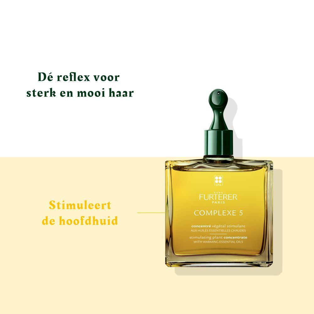 Vierkante fles, groene dop. Opschrift: FURTERER, COMPLEXE 5. Gele vloeistof zichtbaar.