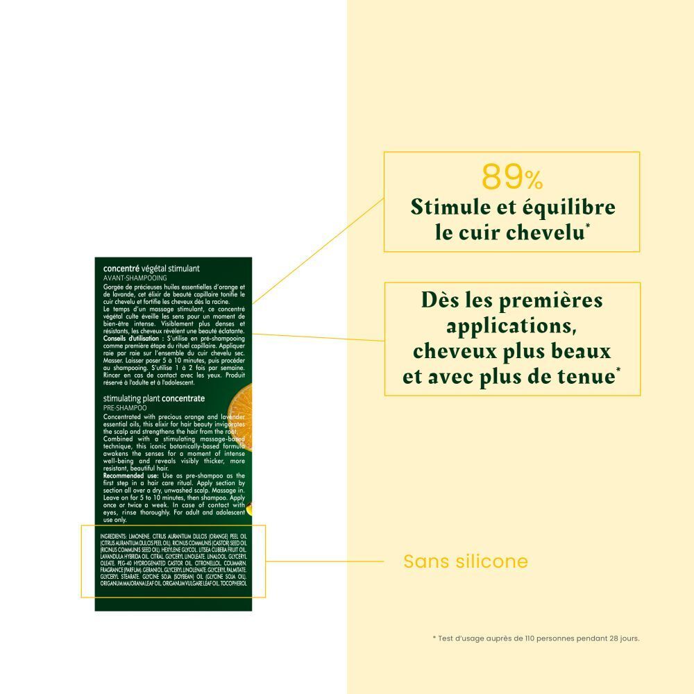 Emballage. Texte: COMPLEXE 5. Avant shampooing. Concentré végétal stimulant.