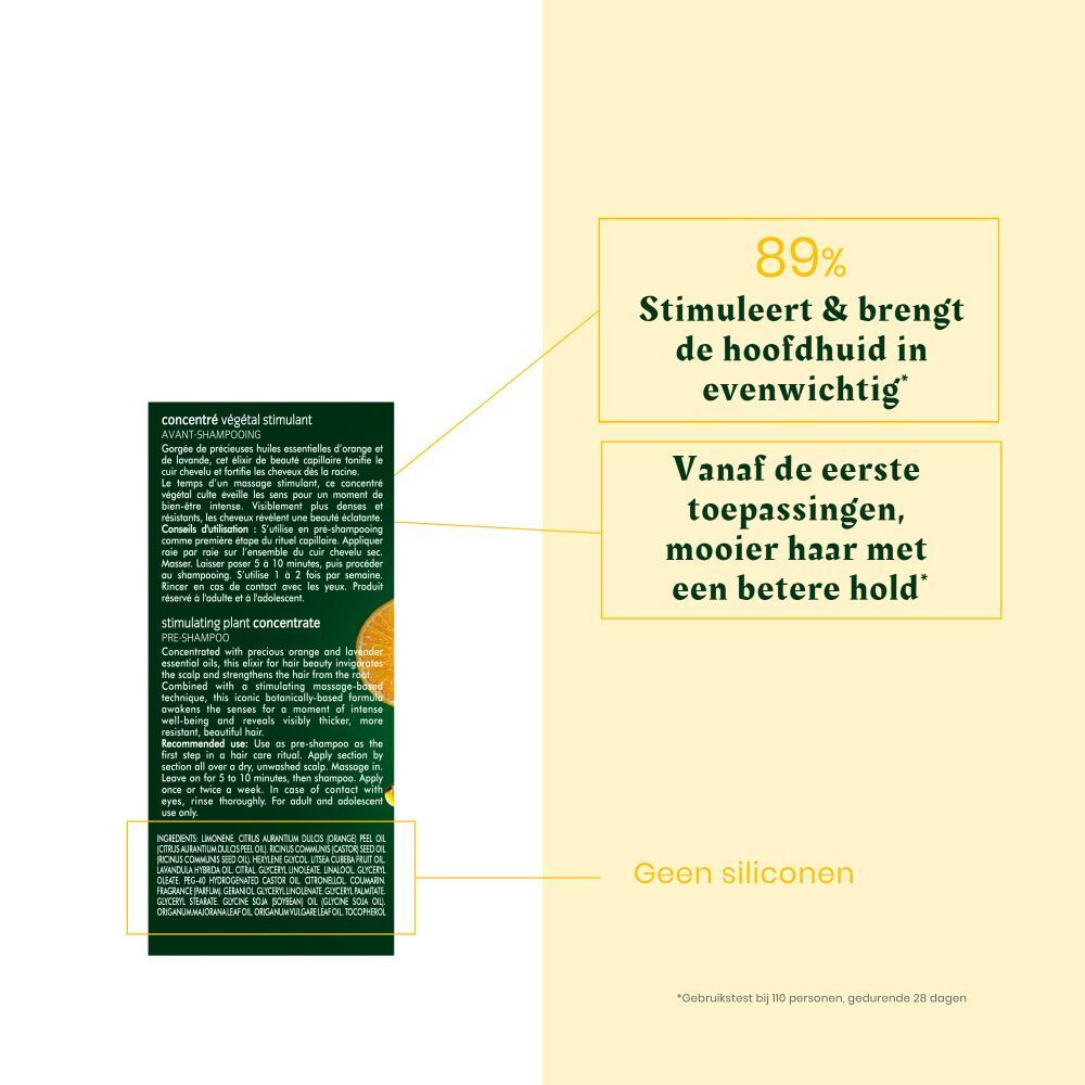 Verpakking. Tekst: COMPLEXE 5. Voor shampoo. Stimulerend plantenconcentraat.