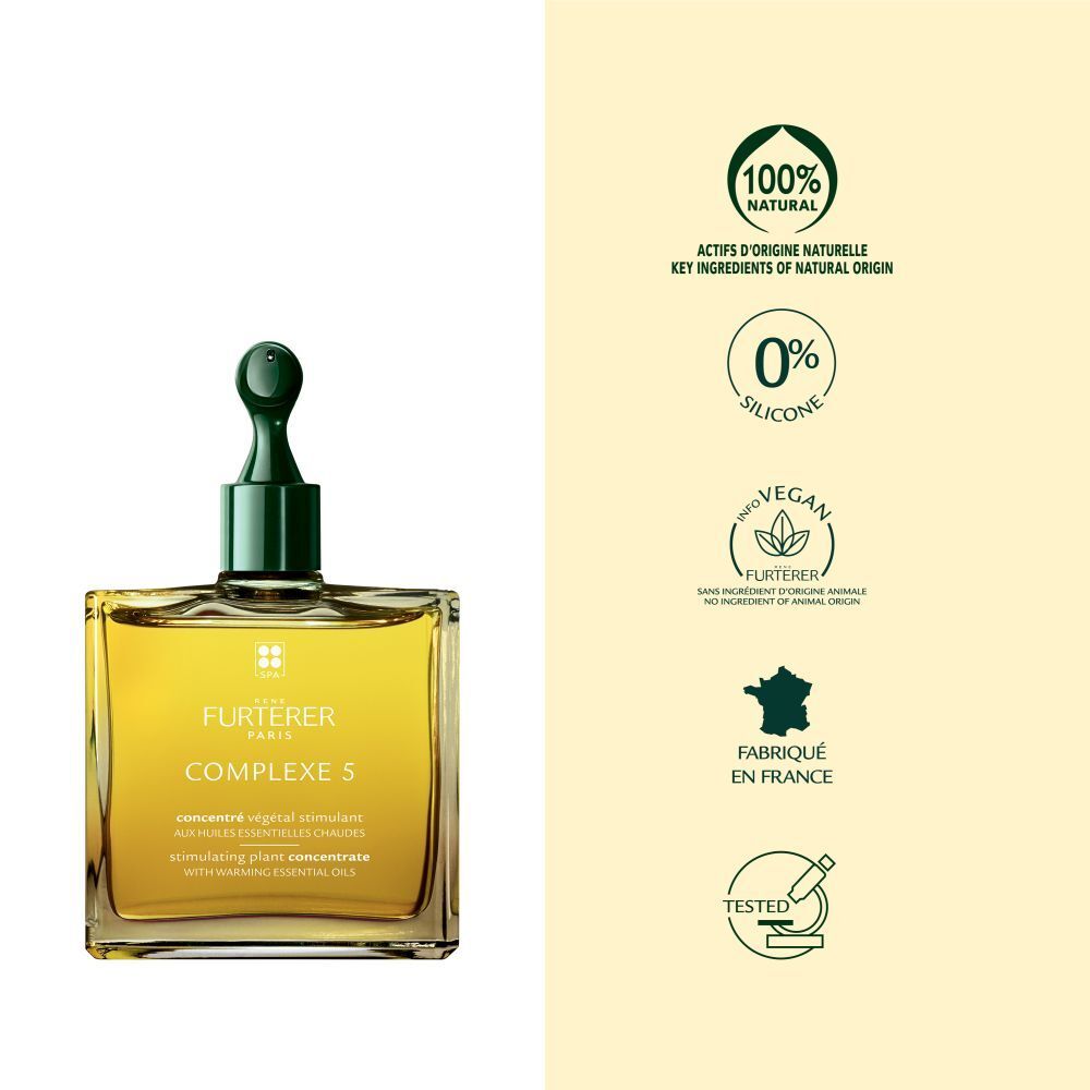 Emballage. Texte: COMPLEXE 5. Avant shampooing. Concentré végétal stimulant.