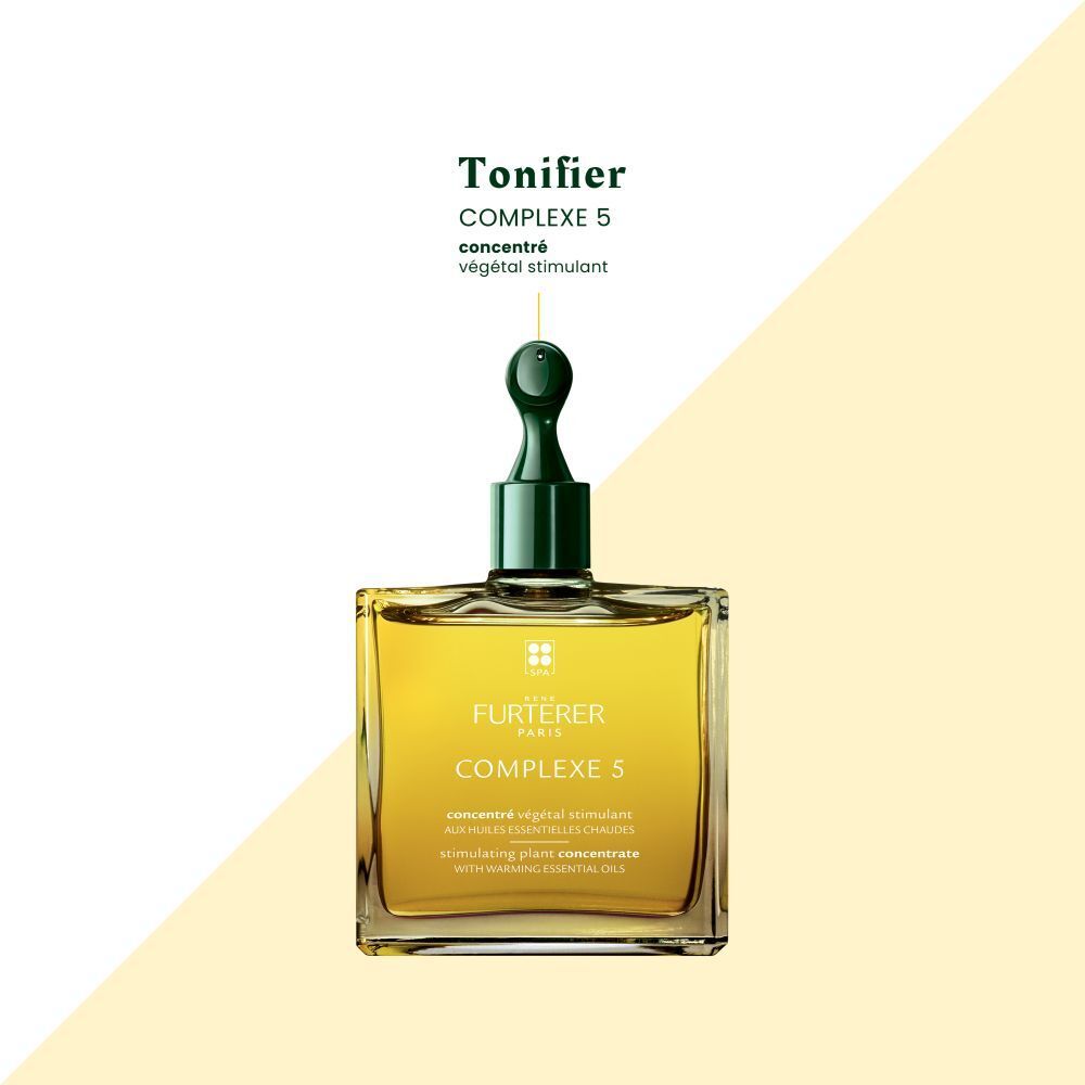 Emballage. Texte: COMPLEXE 5. Avant shampooing. Concentré végétal stimulant.