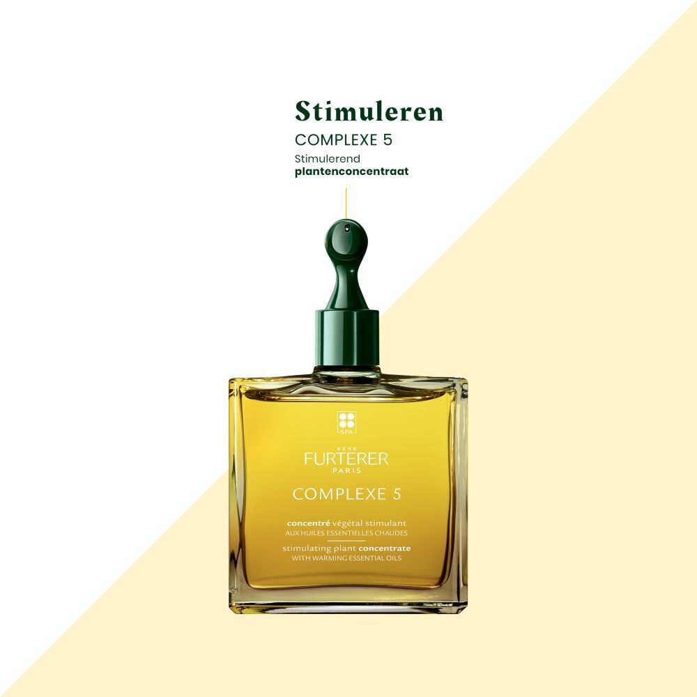 Verpakking. Tekst: COMPLEXE 5. Voor shampoo. Stimulerend plantenconcentraat.