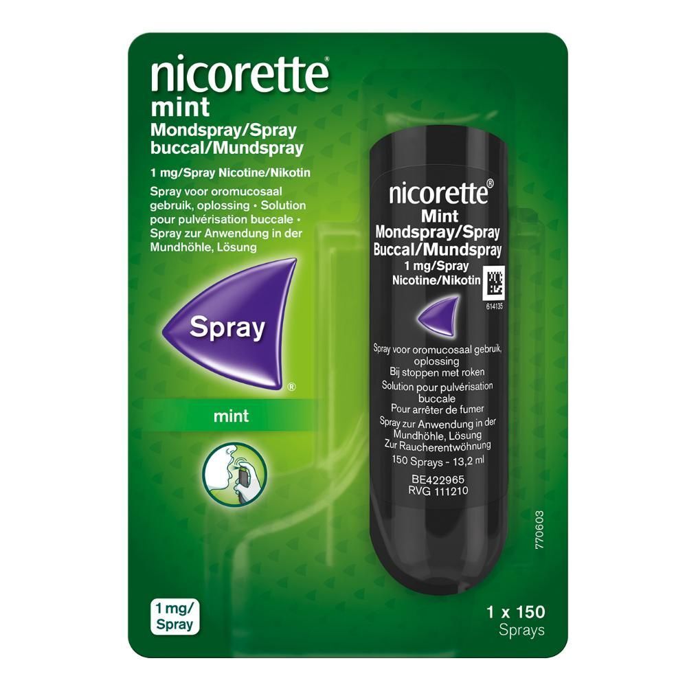 Nicorette Mint spray buccal. 1 mg/spray nicotine. Solution pour pulvérisation buccale. Emballage.