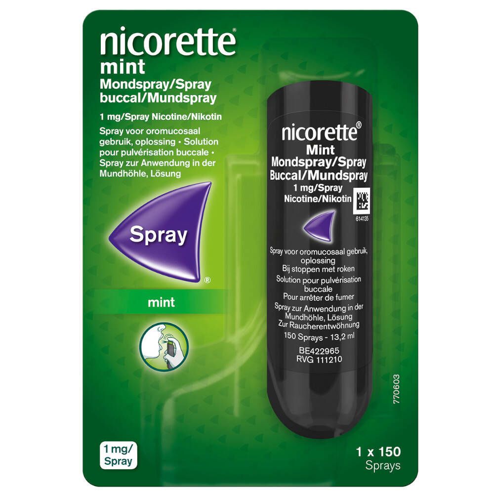 Nicorette Mint spray buccal. 1 mg/spray nicotine. Solution pour pulvérisation buccale. Emballage.