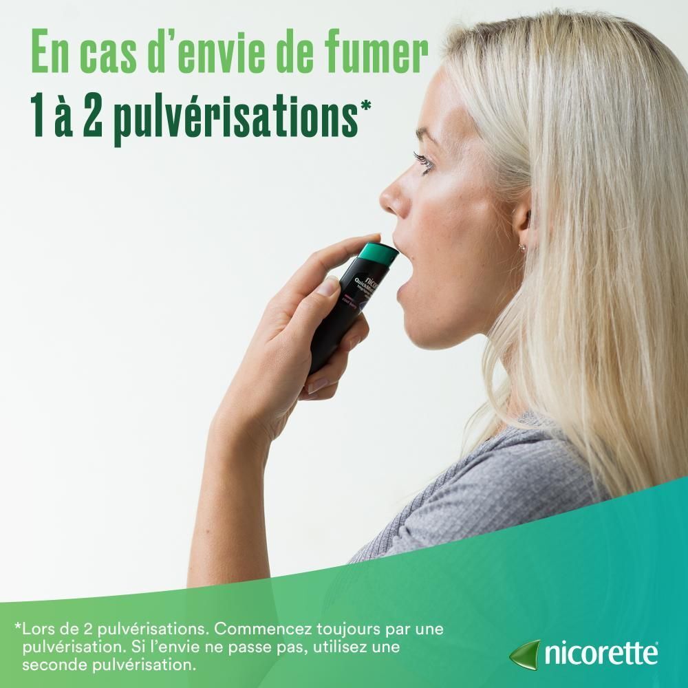 Femme vaporisant Nicorette Mint spray buccal dans la bouche. Fond vert et blanc.