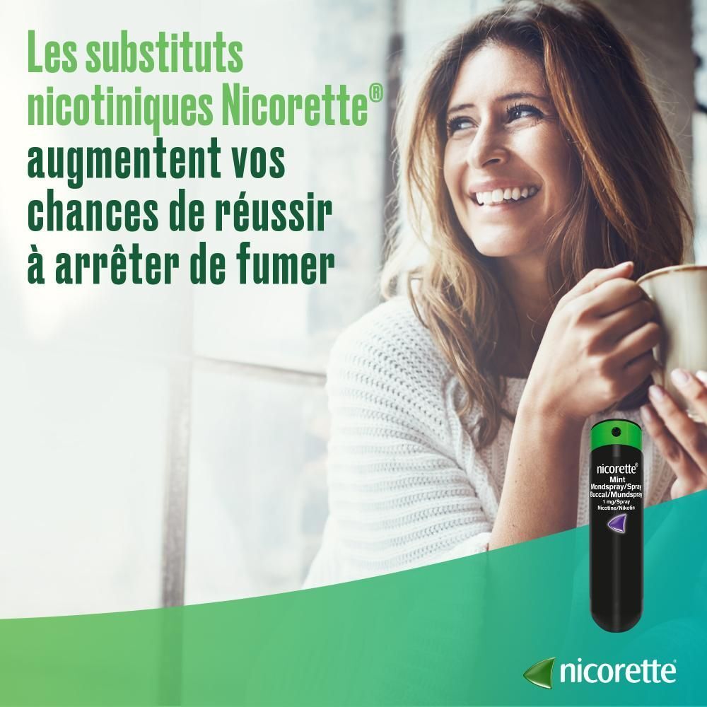 Femme avec Nicorette Mint spray buccal. Fond vert et blanc. Tasse de café.