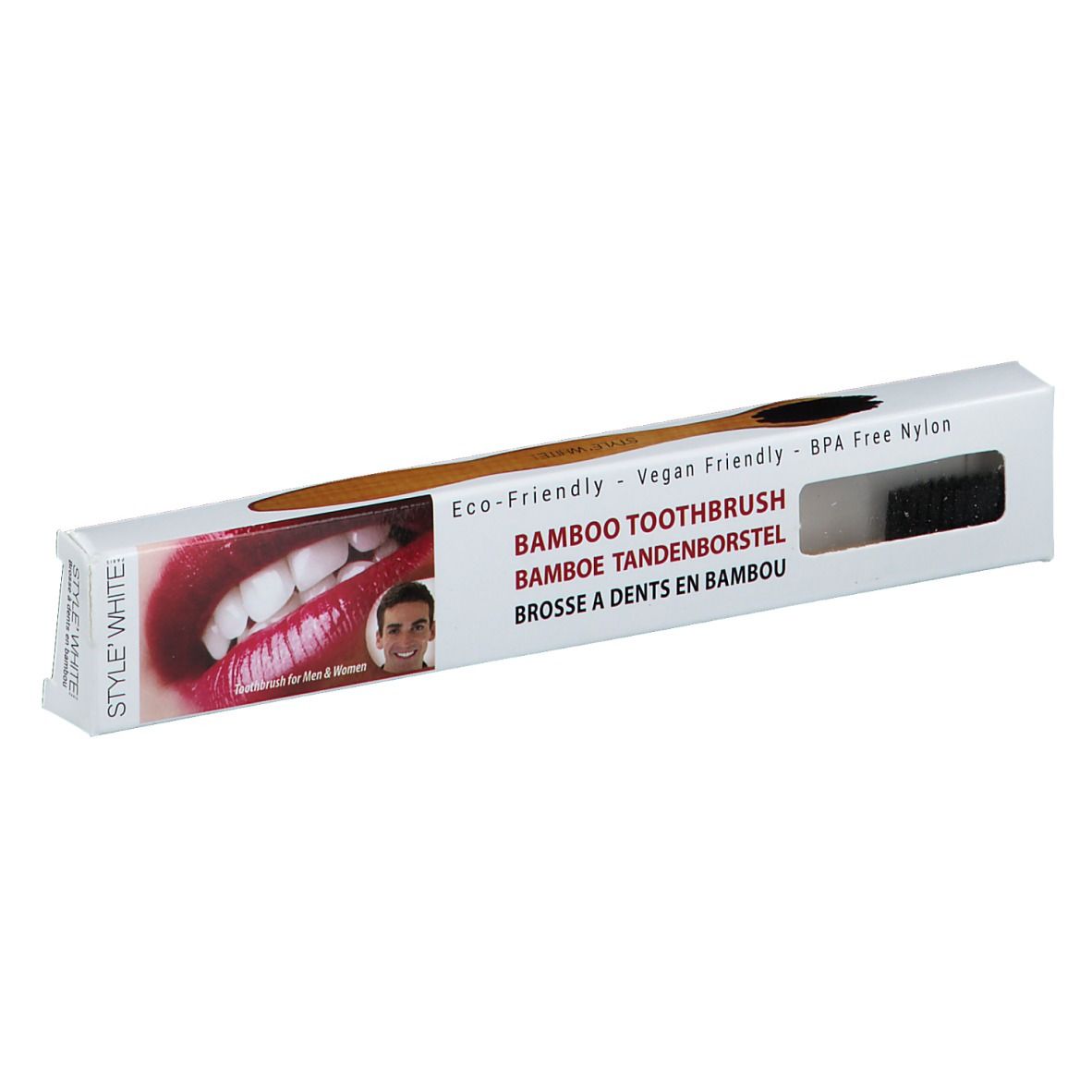Brosse à dents en bambou STYLE WHITE dans son emballage. Visible : brosse à dents, emballage avec nom du produit et image de dents.