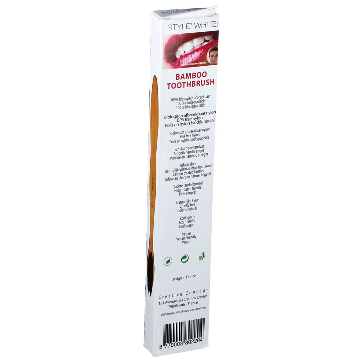 Emballage de la brosse à dents en bambou STYLE WHITE. Dos avec informations sur le produit, logos et code-barres. Nom du produit : brosse à dents en bambou.