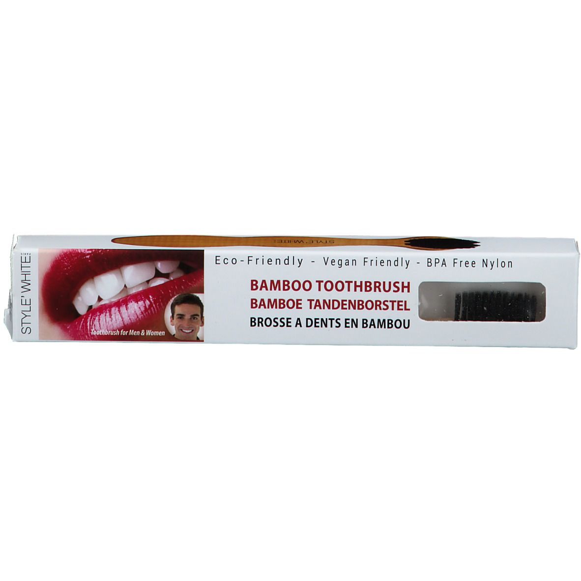Brosse à dents en bambou STYLE WHITE dans son emballage. Visible : brosse à dents, emballage avec nom du produit et image de dents. Texte : Eco-Friendly, Vegan Friendly.
