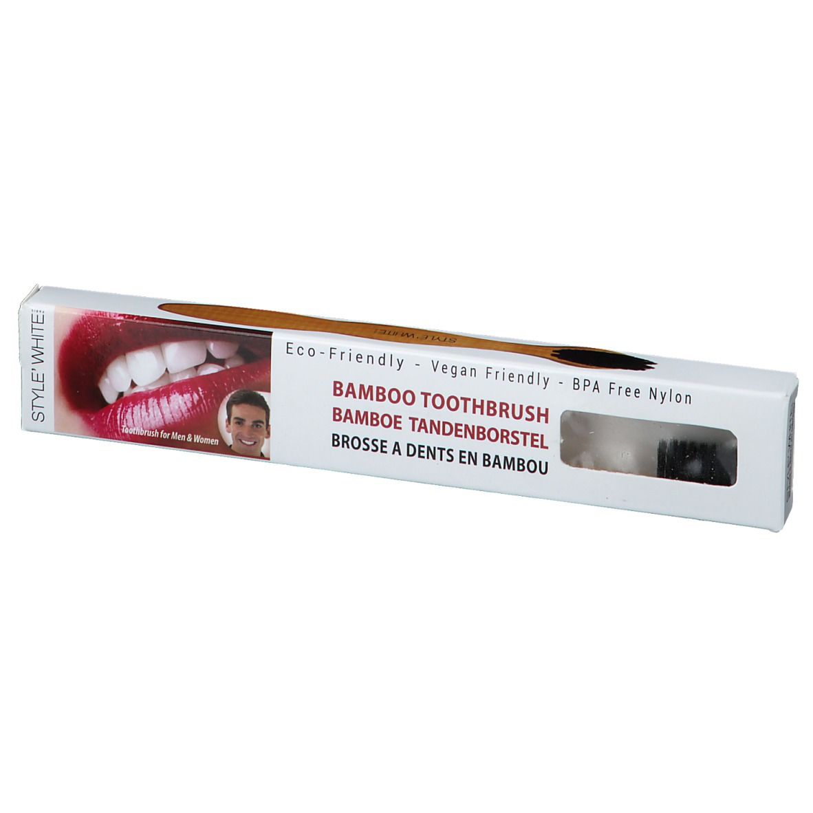 Brosse à dents en bambou STYLE WHITE dans son emballage. Visible : brosse à dents, emballage avec nom du produit et image de dents. Zone transparente.