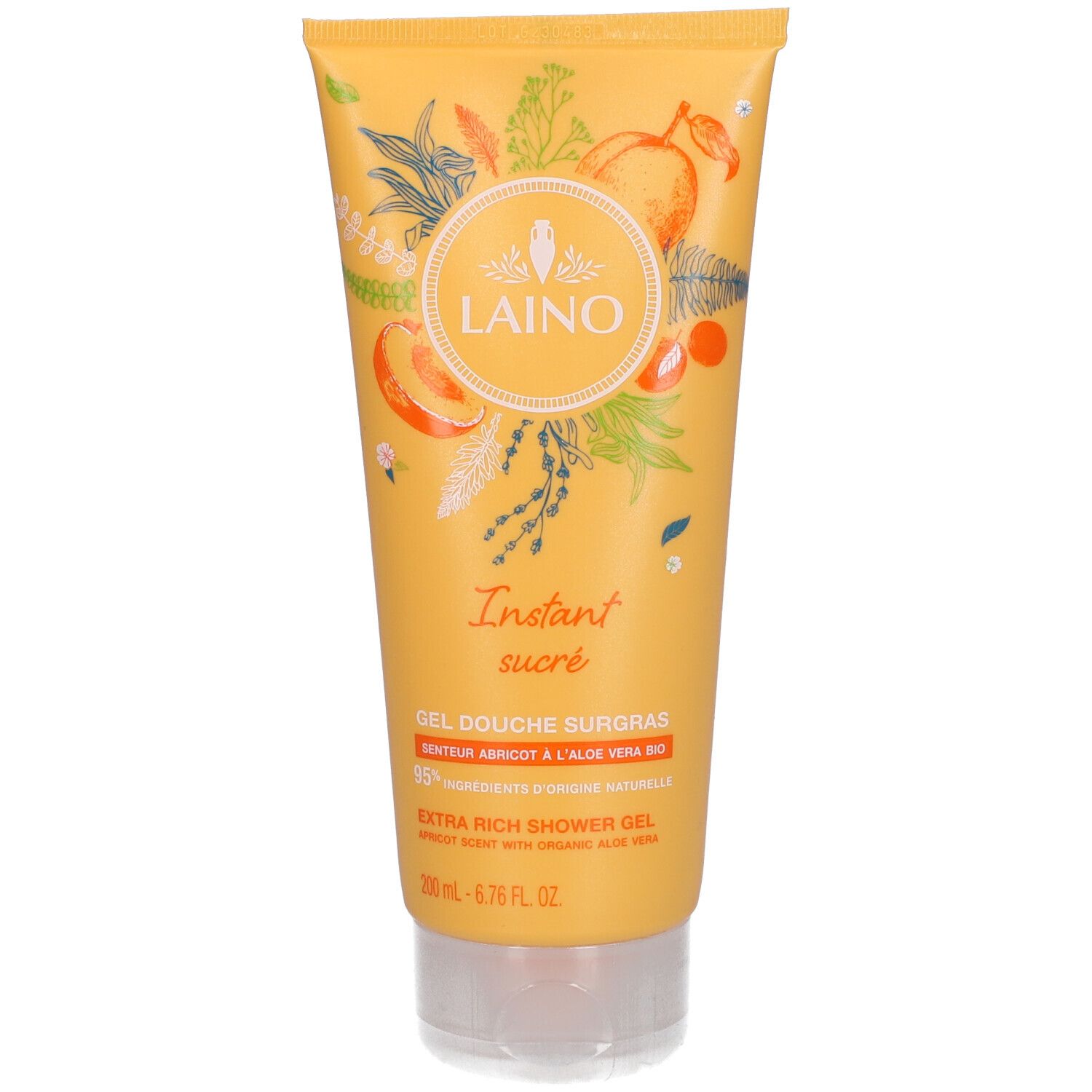 Gel-Dusche-Tube, gelb, mit Produktnamen und Illustrationen. Aufdrucke: LAINO, Instant sucré, Gel Douche Surgras, 95% Inhaltsstoffe natürlichen Ursprungs.