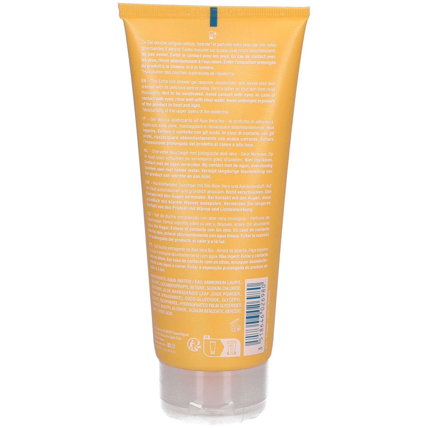 Rückseite einer gelben Gel-Dusche-Tube. Text in mehreren Sprachen. Enthält Informationen über Inhaltsstoffe und Anwendung.