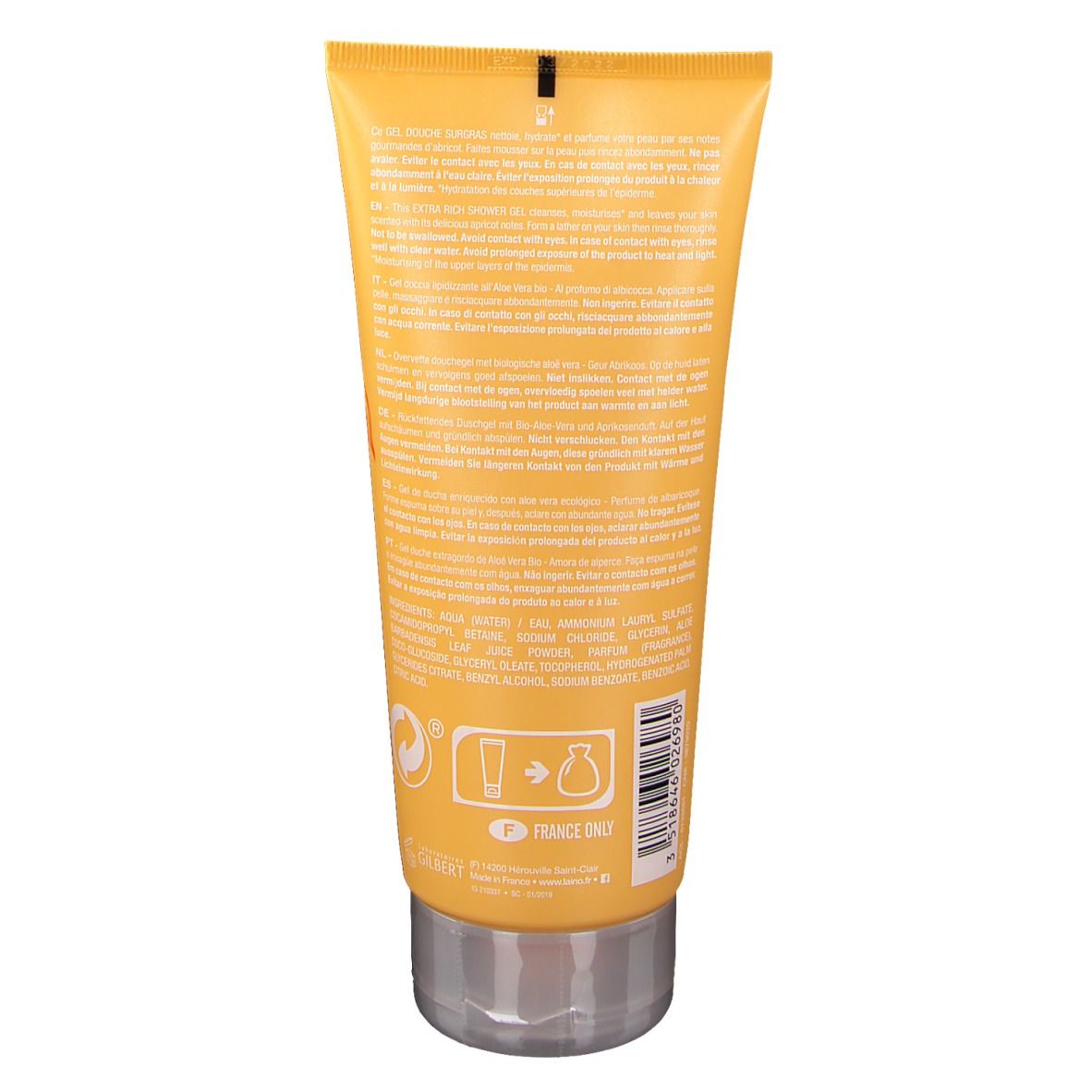 Rückseite einer gelben Gel-Dusche-Tube. Text in mehreren Sprachen. Enthält Informationen über Inhaltsstoffe und Anwendung.